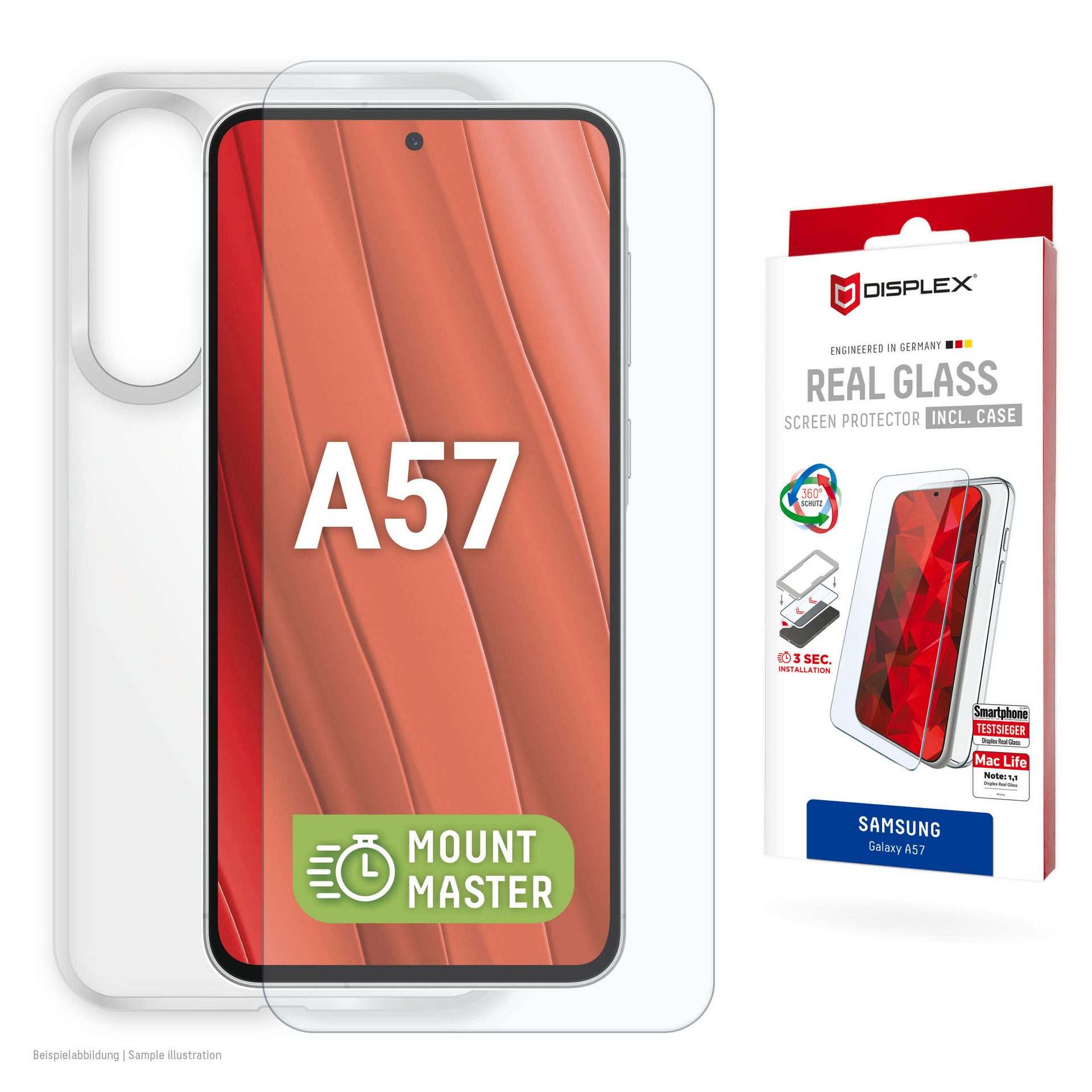 Displex Displayschutzglas Real Glass Screen Protector + Case mit EASY-ON MountMaster für Samsung Galaxy A57, Displayschutzfolie, Schutzfolie, Bildschirmschutz, kratz- & stoßfest