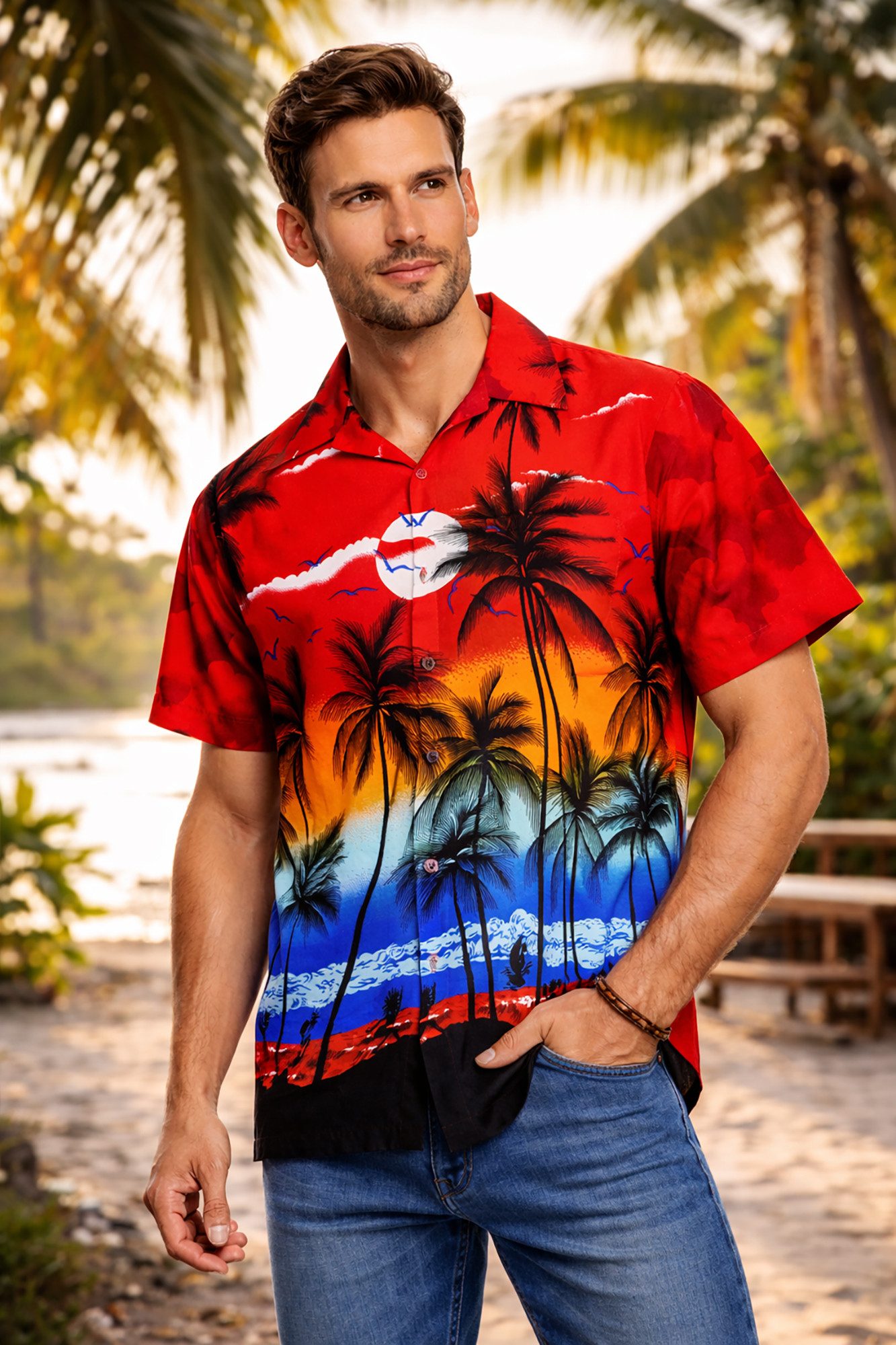 King Kameha Hawaiihemd "Beach" Funky Hawaii-Hemd Herren Kurzarm Front-Tasche Stylish