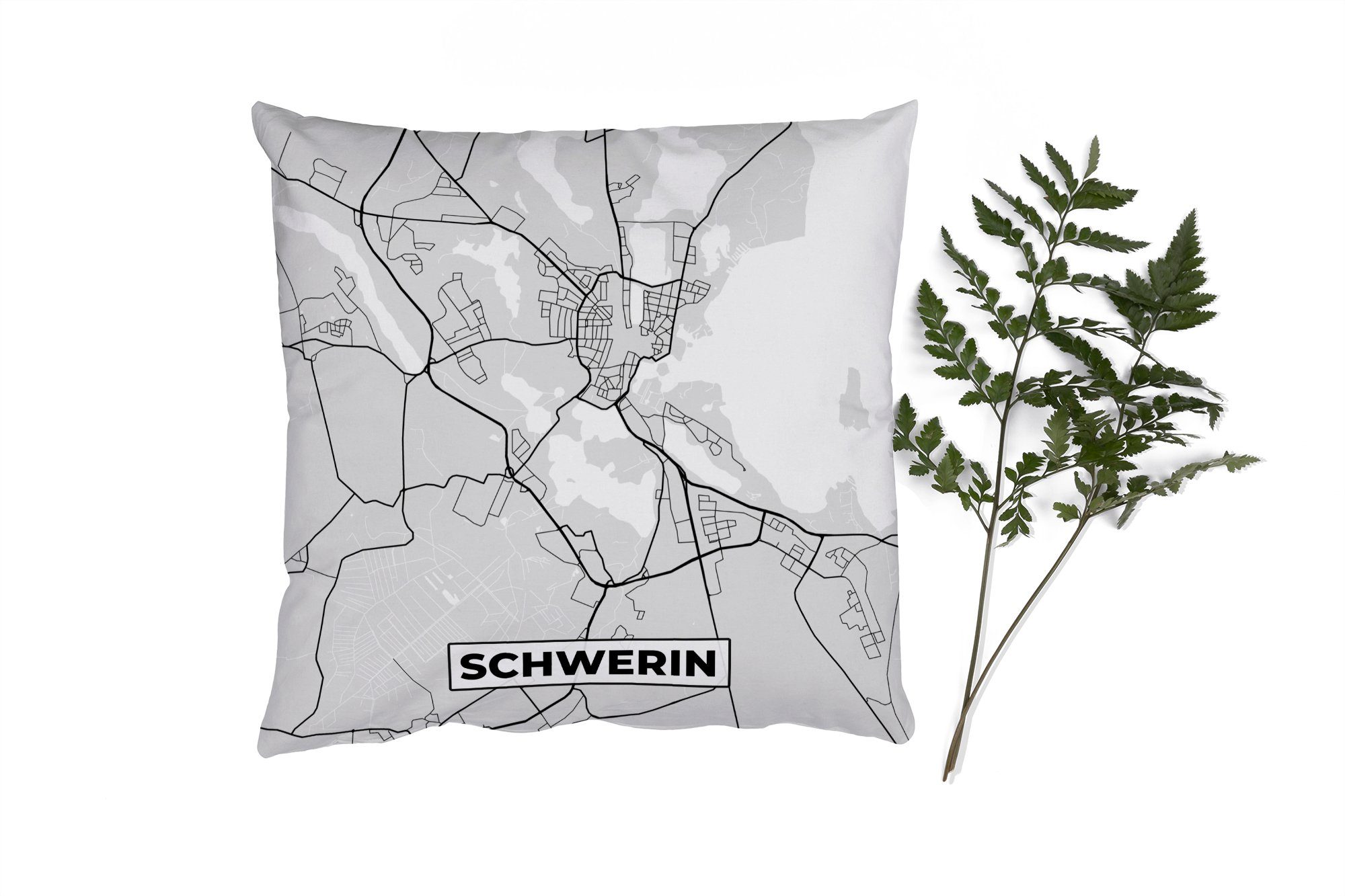 MuchoWow Dekokissen Schwerin - Karte - Stadtplan - Deutschland, Zierkissen mit Füllung für Wohzimmer, Schlafzimmer, Deko, Sofakissen