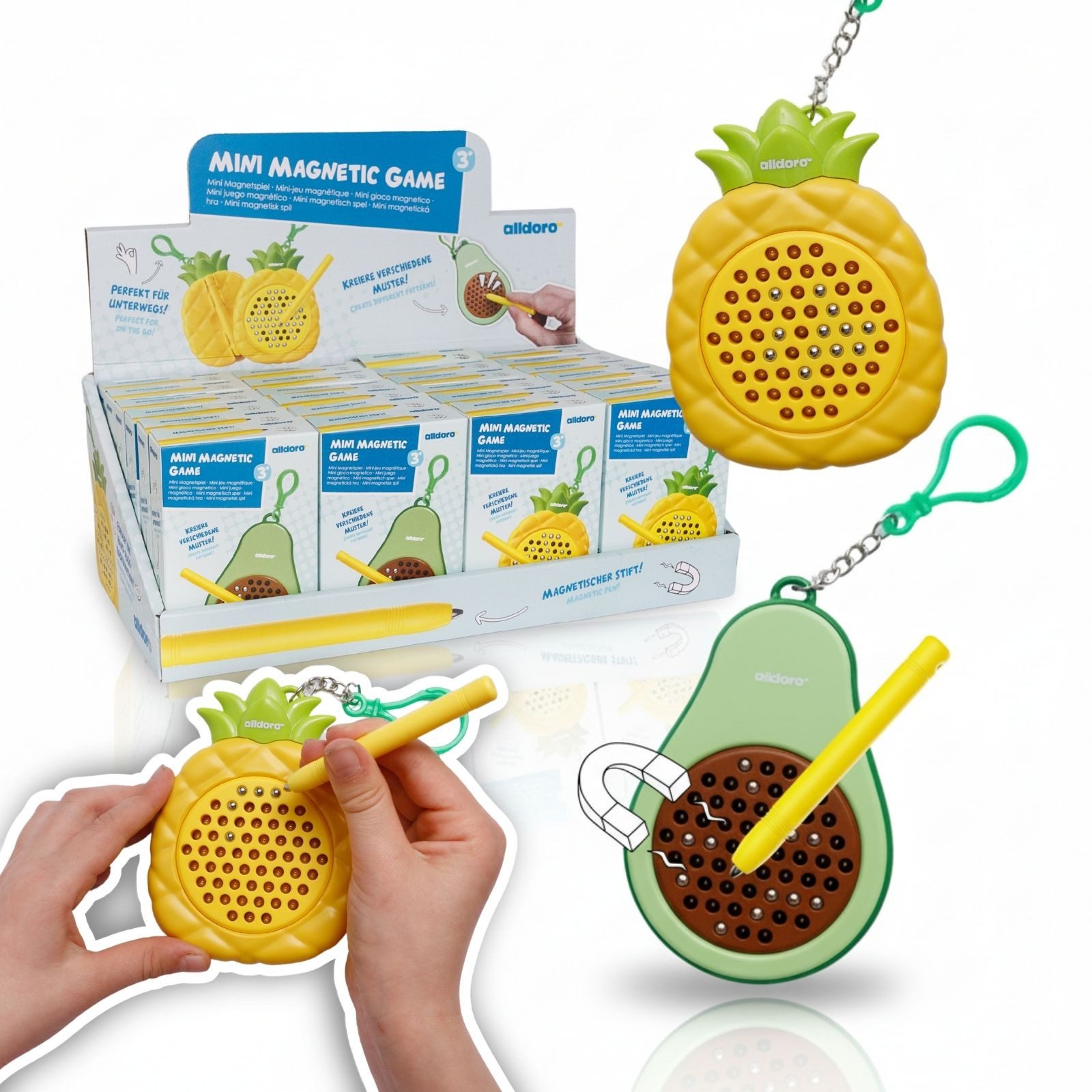 alldoro Zaubertafel 24x Mini Magnetspiel für Kinder, 12x Avocado, 12x Ananas als Anhänger, magnetische kleine Zaubertafel zum Malen & Gestalten, Mini-Reisespiel
