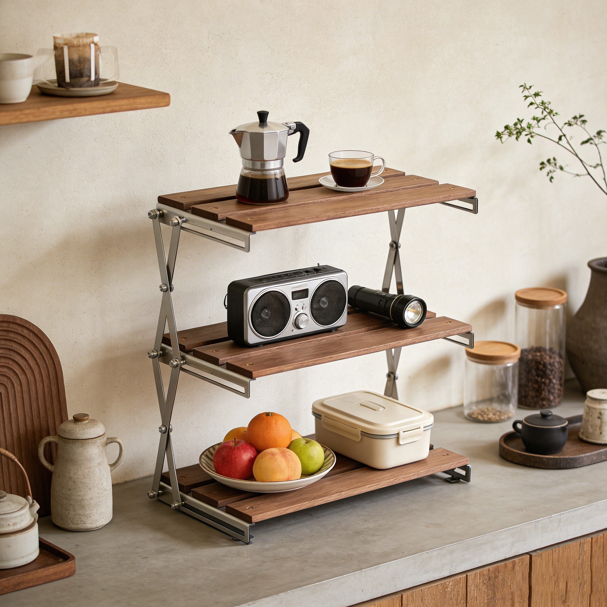 BlingBin Standregal Schreibtisch Regal, Camping-Klappregal mit 3 Ablagen Walnussfarben, Schreibtisch Regal / Mehrstufiges Klappregal 1-tlg., Klapptisch Holz Metall Ablage, Für Küche Bad Wohnzimmer Büro Camping