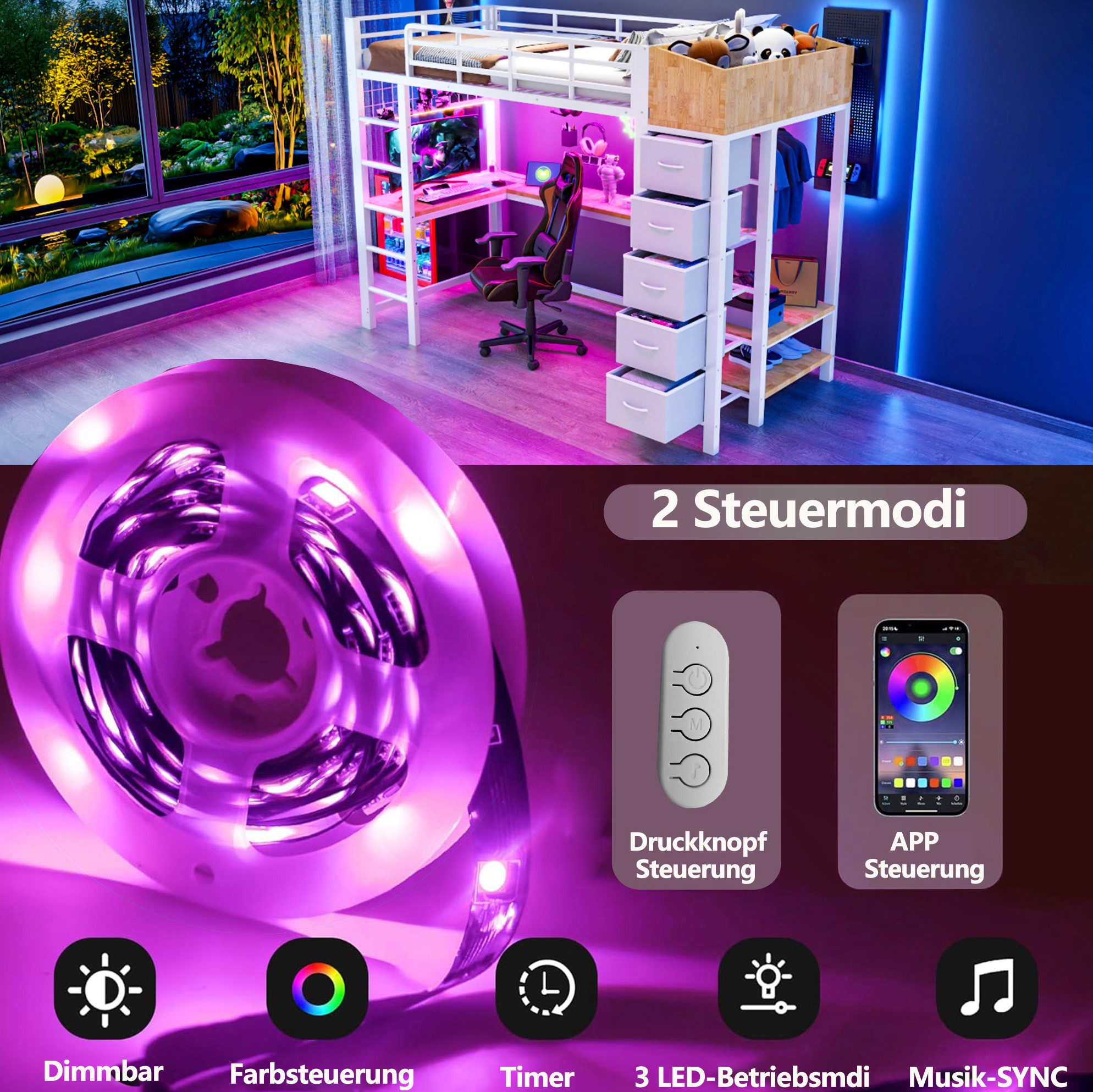 MODFU Hochbett Gaming Bett mit Schreibtisch, LED Lichtband, Metallbett Jugendbett (90x200 cm, mit USB Type-C Ladefunktion, Sicherheitsgitter und Aufbewahrungssystem) Eisenbett Kinderbett, ohne Matratze