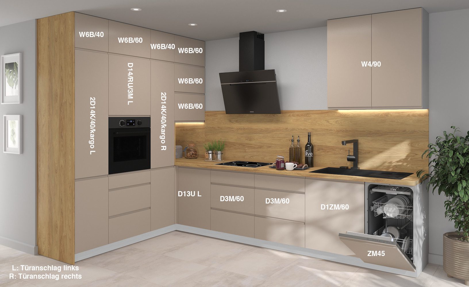 Feldmann-Wohnen Winkelküche Avellino, (Schubladen mit Teilauszug und Selbsteinzug (Blum Metabox), 330x200x243cm; L-Form; Korpus grau/ Front stone grey matt; 16-teilig