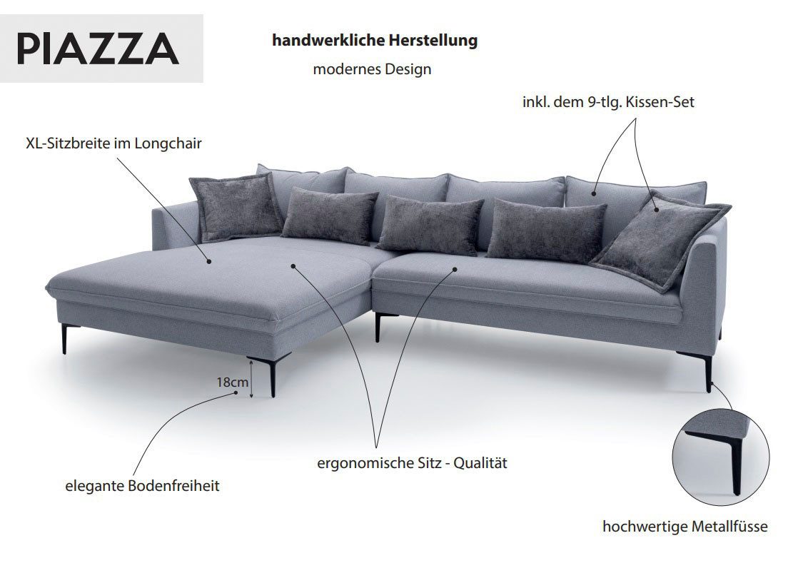 exxpo - sofa fashion Ecksofa Piazza, elegant und edel, Designsofa mit tollem Sitzkomfort, Longchair Ecke in hochwertiger Verarbeitung, Stellmaße 321x187 cm
