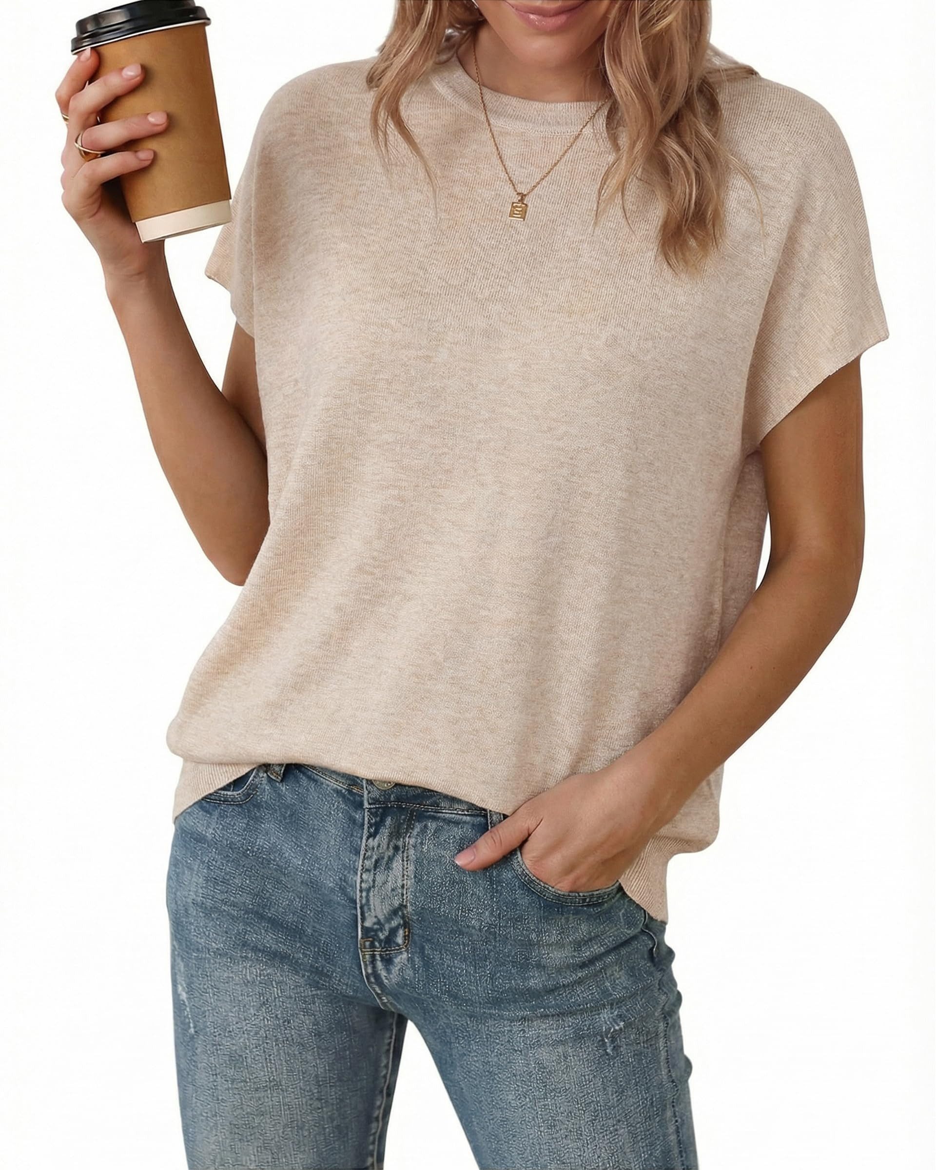 Arach&Cloz Kurzarmshirt Damen Leichter Kaschmir Pullover – Oversized Fit (1-tlg) Weich & Warm für Alltag & Freizeit