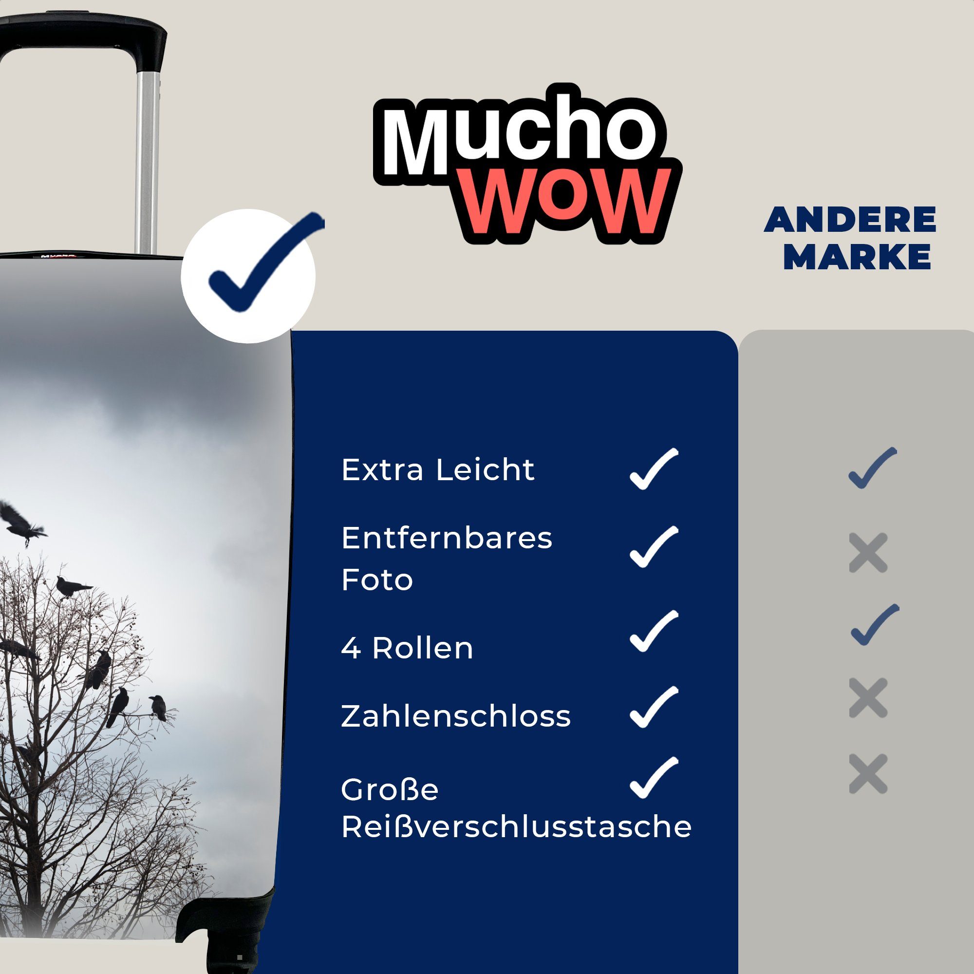 MuchoWow Handgepäckkoffer Vögel 4 Trolley, Handgepäck Ferien, Reisetasche in rollen, Baum, Reisekoffer für mit Rollen, einem