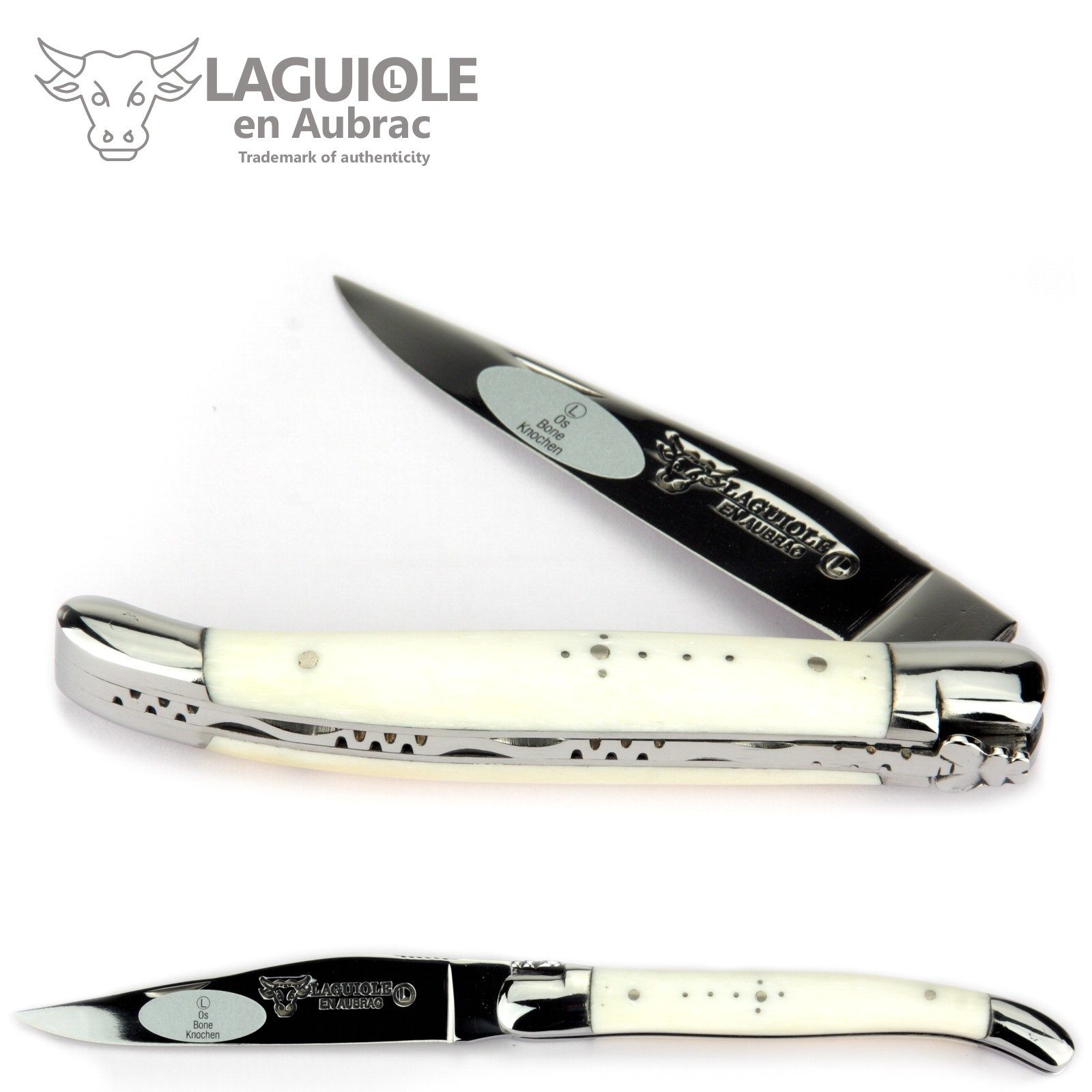 Laguiole en Aubrac Taschenmesser L0211OSIFI, Griff 11cm Rinderknochen - Verzierte Feder - Klinge Backen glänzend