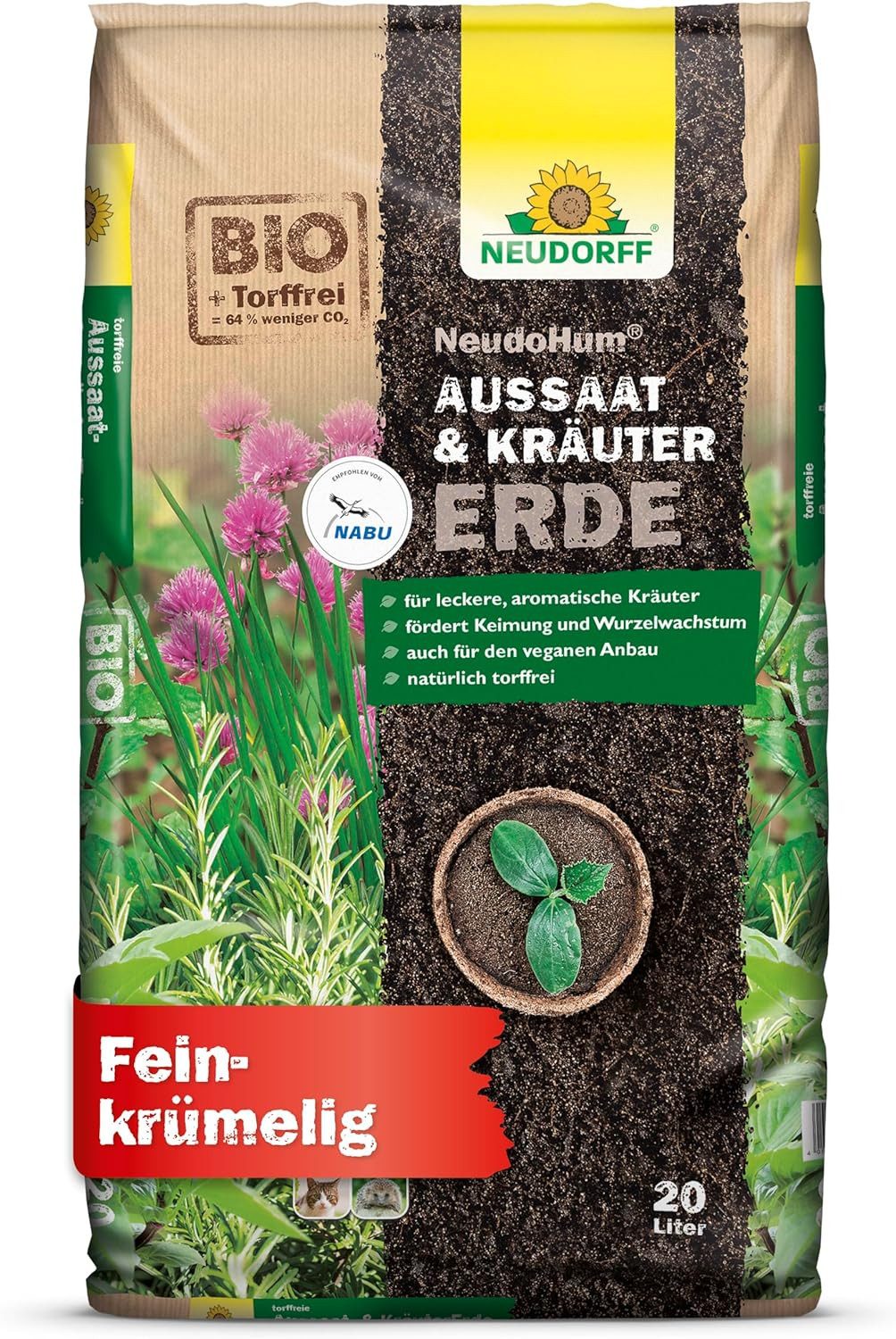 Neudorff Anzucht- und Kräutererde NeudoHum AussaatErde 20 Liter, mit Schwache organische Grunddüngung, (Einzelartikel, Nährstoffarm für ein starkes Wurzelsystem), Biologisch, torffrei, feine Struktur, fördert Keimung