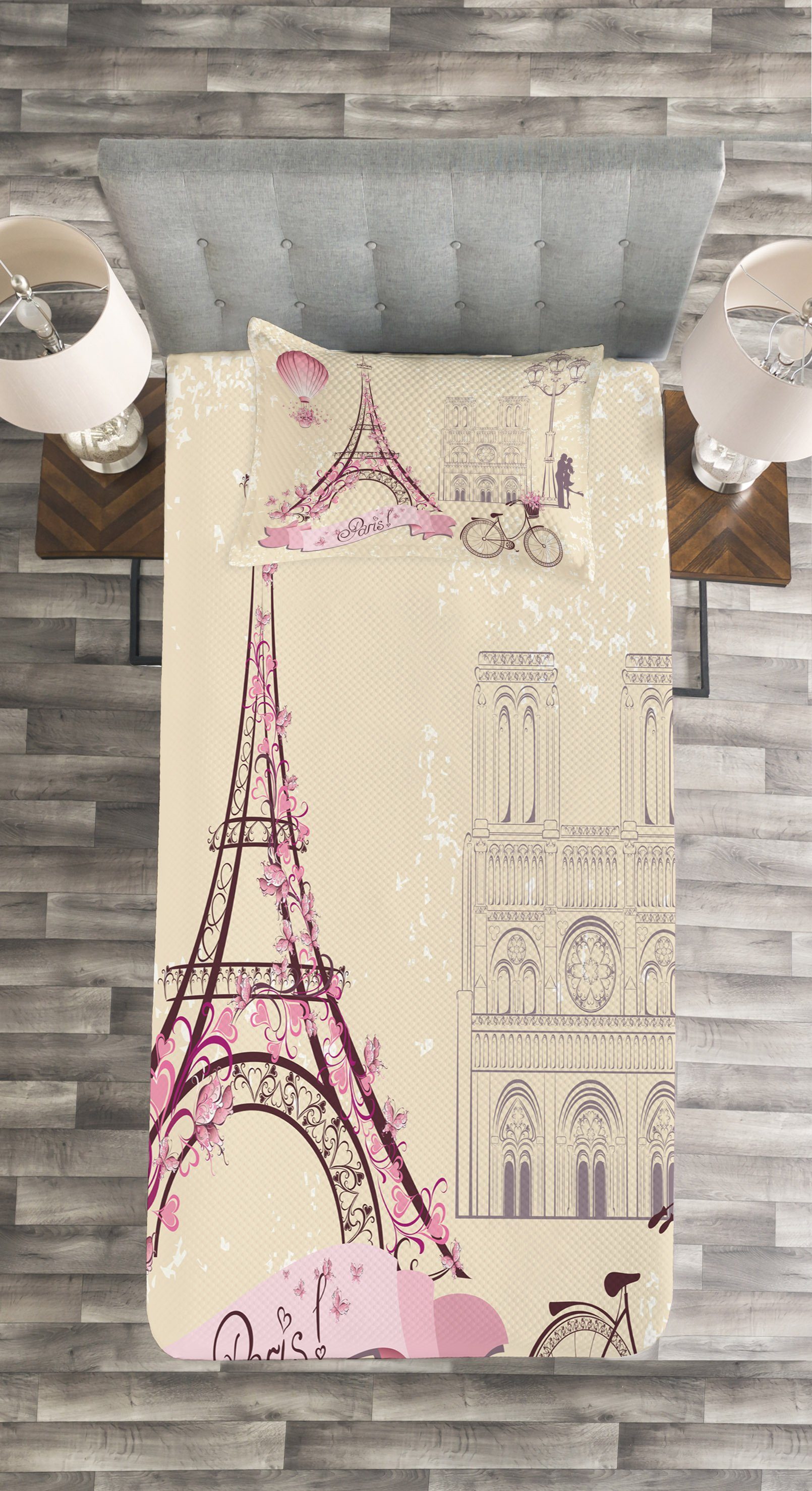 Set Kissenbezügen Waschbar, Tagesdecke Floral Paris Eiffel mit Paris Abakuhaus,