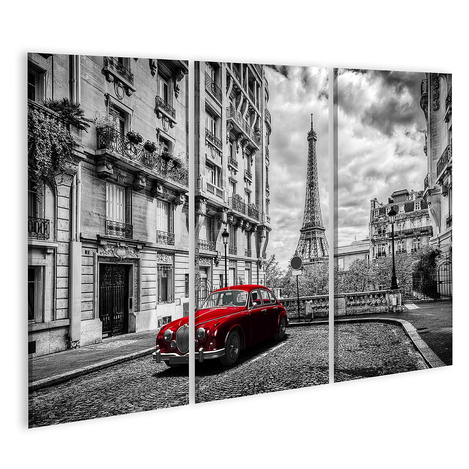 islandburner Leinwandbild Rotes Auto in Paris mit dem Eiffelturm im Hintergrund