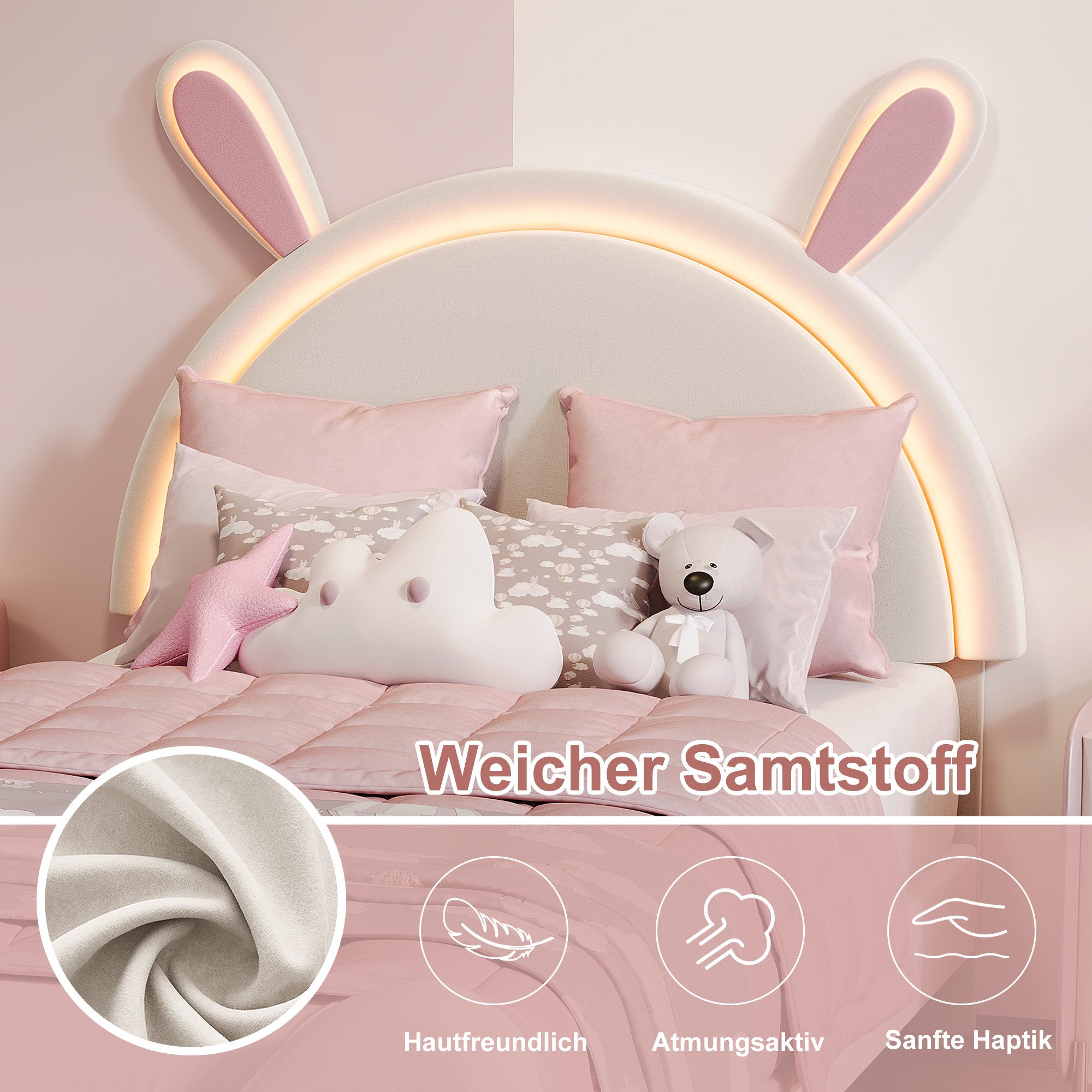 Yelenaro Polsterbett Kinderbett Einzelbett Jugendbett (Packung, 1-tlg., Jugendbett), 90x200 cm,Hasenförmiges Design,Samtstoff - Rosa – Bild 5 von 5