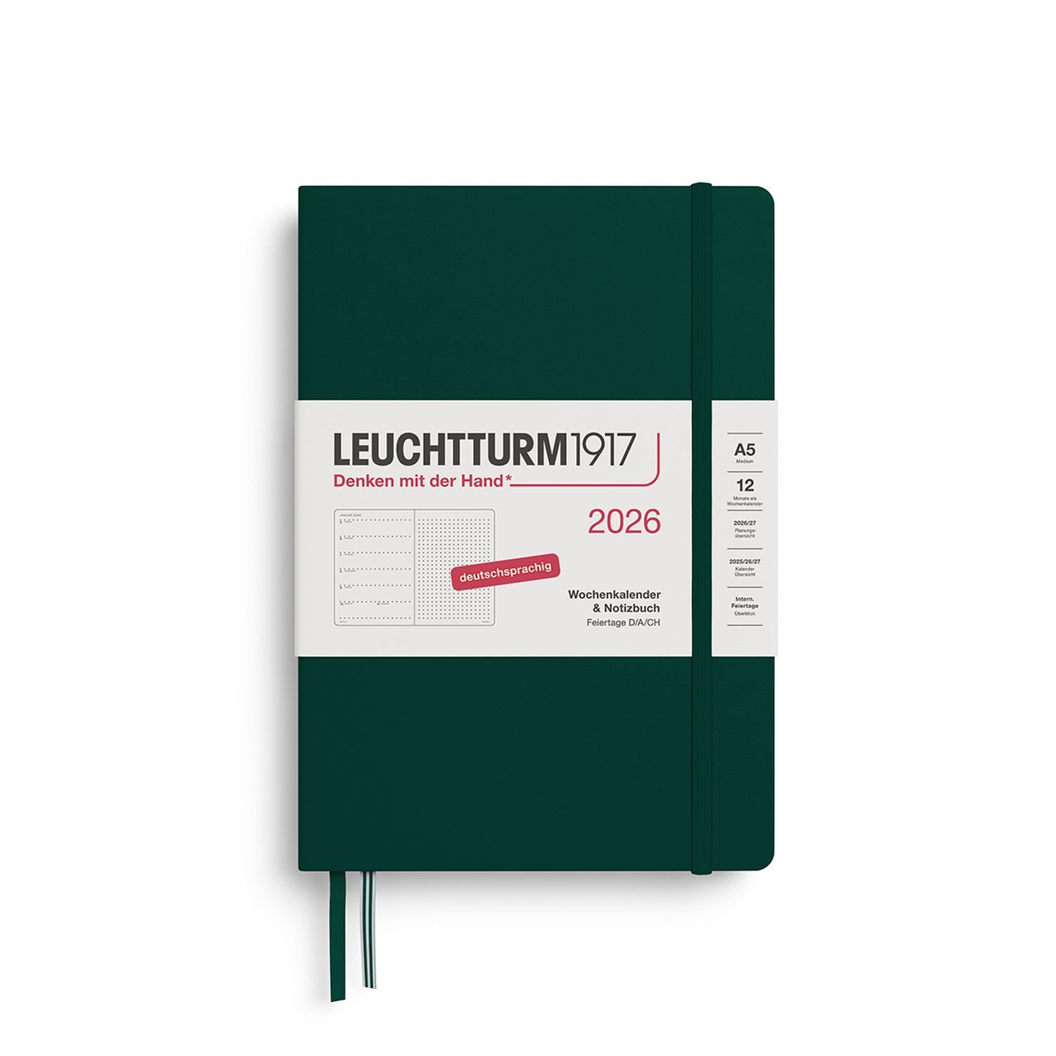 Leuchtturm1917 Taschenkalender Wochenkalender 2026 & Notizbuch Dotted Medium A5 Hardcover Forest