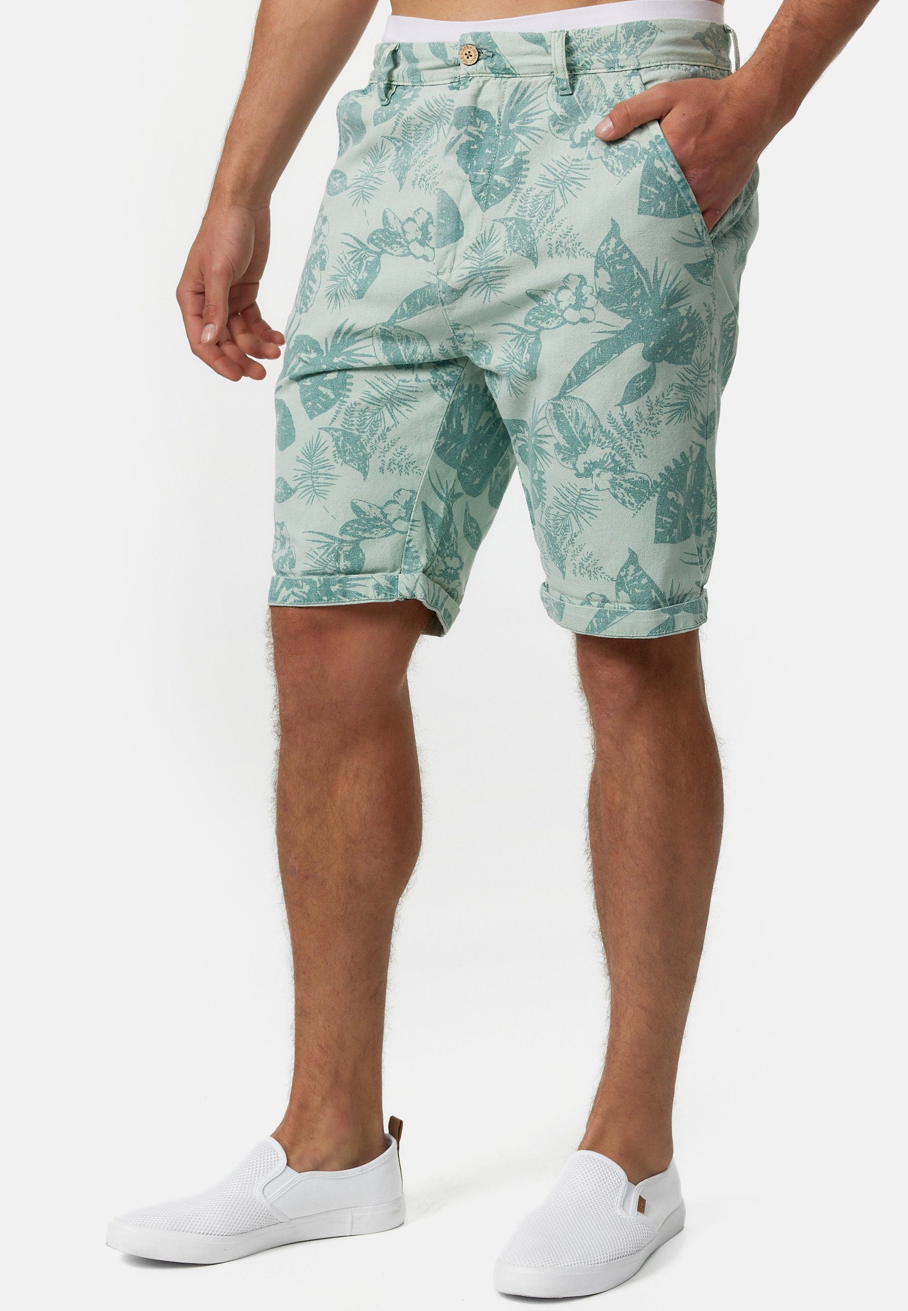 Indicode Chinoshorts Herren Curtain Chino Shorts Herrenshorts Chino Shorts mit sommerlichem Blumenprint und einem Gürtel