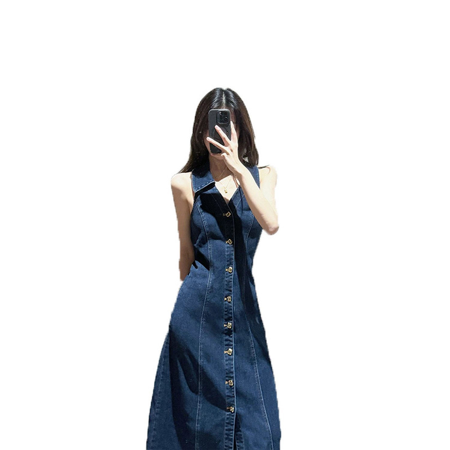 KIKI Jeansrock Ärmelloses Kleid aus gewaschenem Denim V-Ausschnitt Lange Kleider