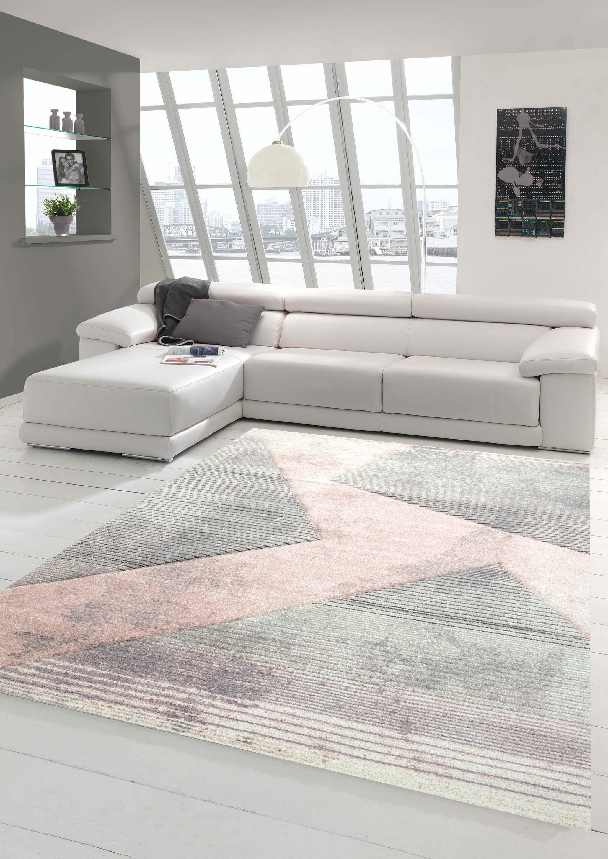 Teppich Moderner Teppich Wohnzimmer abstraktes Muster gestreift grau rosa  grün - pflegeleicht, Teppich-Traum, rechteckig, Höhe: 13 mm