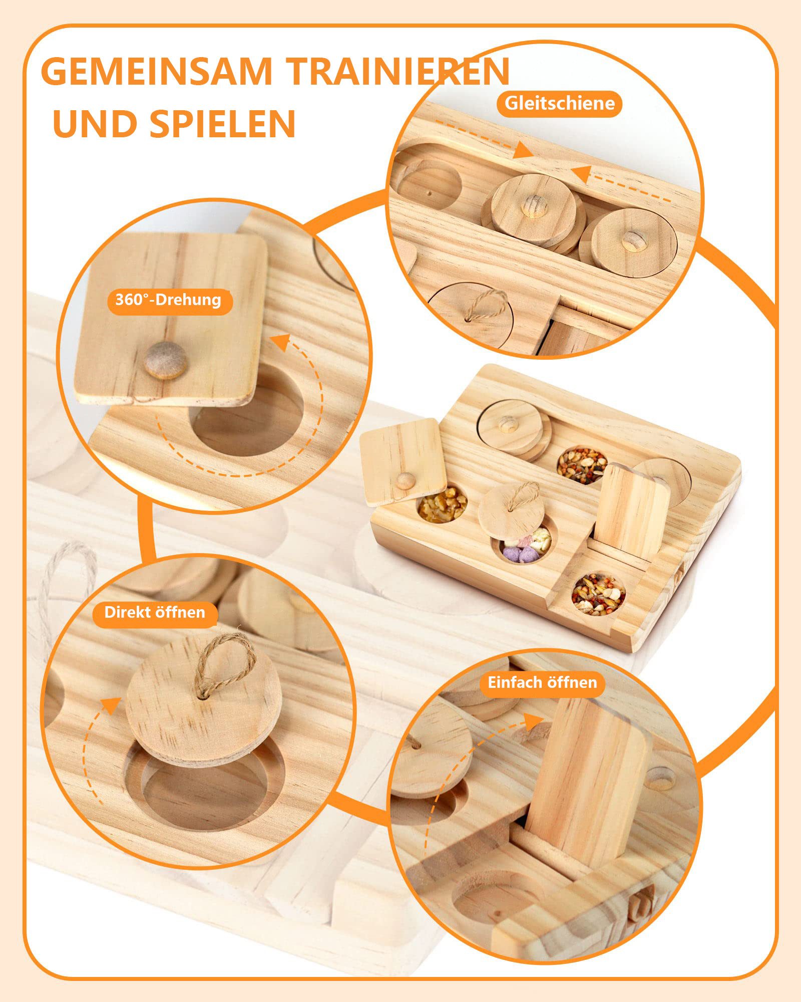 Ledander Tier-Beschäftigungsspielzeug Futtersuchspielzeug für Meerschweinchen,Leckerli-Spender6-in-1, Interaktives Holzspielzeug für Kleintiere:Kaninchen, Chinchillas&Mäuse