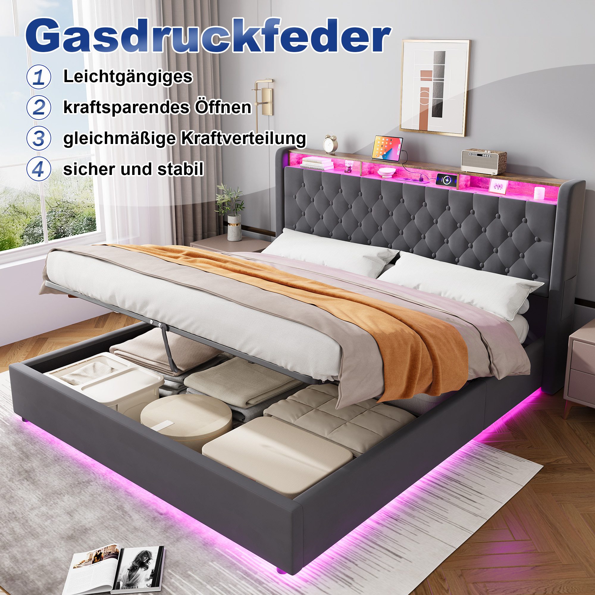 REDOM Polsterbett Hollandvelours-Bezug, mit Stauraum & Ablage (Funktionsbett, 1-tlg., Robuster Metallrahmen, Lattenrost inklusive, ohne Matratze), 180x200 cm mi – Bild 5 von 5