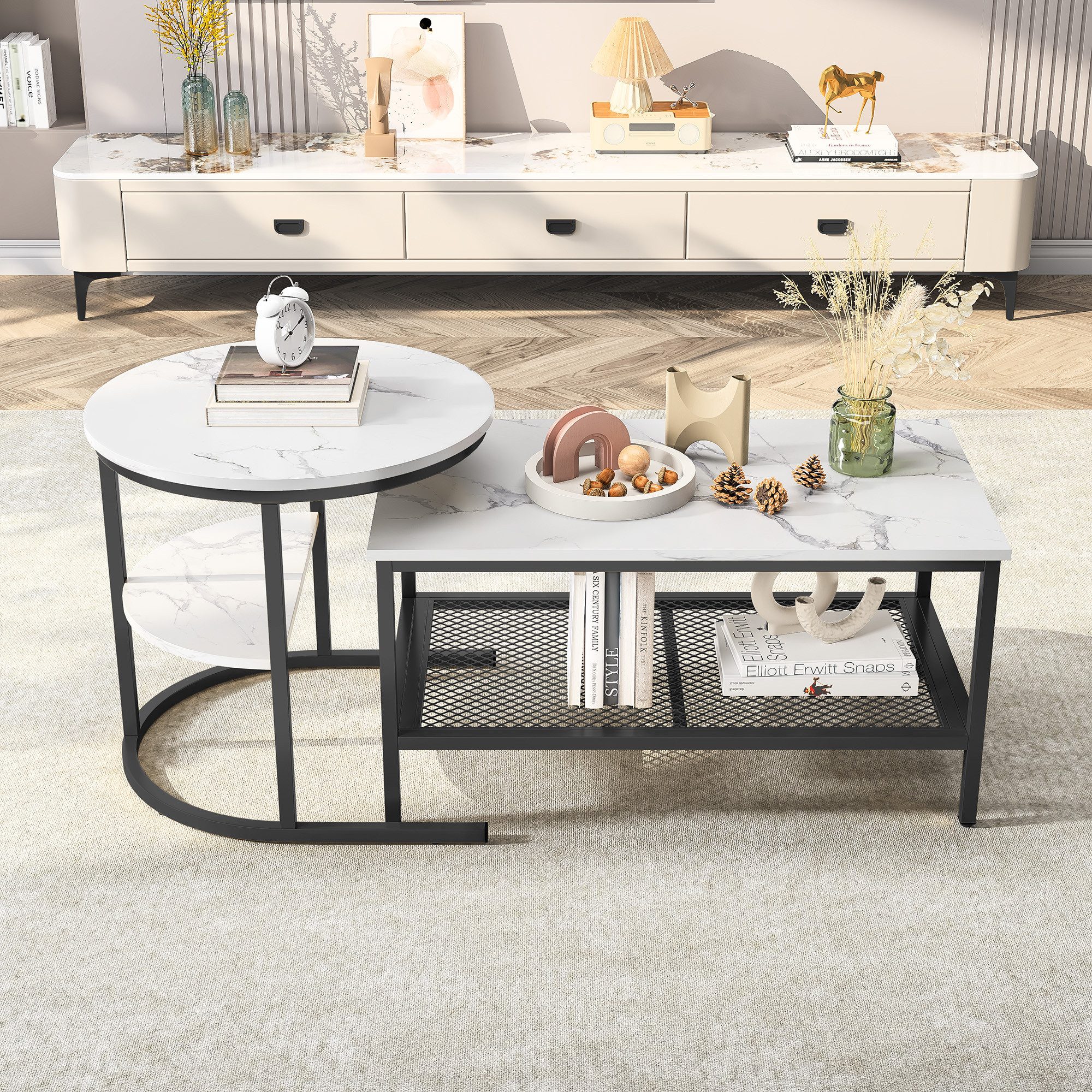 FUROKOY Couchtisch Beistelltisch Sofatisch wohnzimmertisch kaffeetisch 2er set, Runder und quadratischer Tisch,Schwarz,Marmoroptik