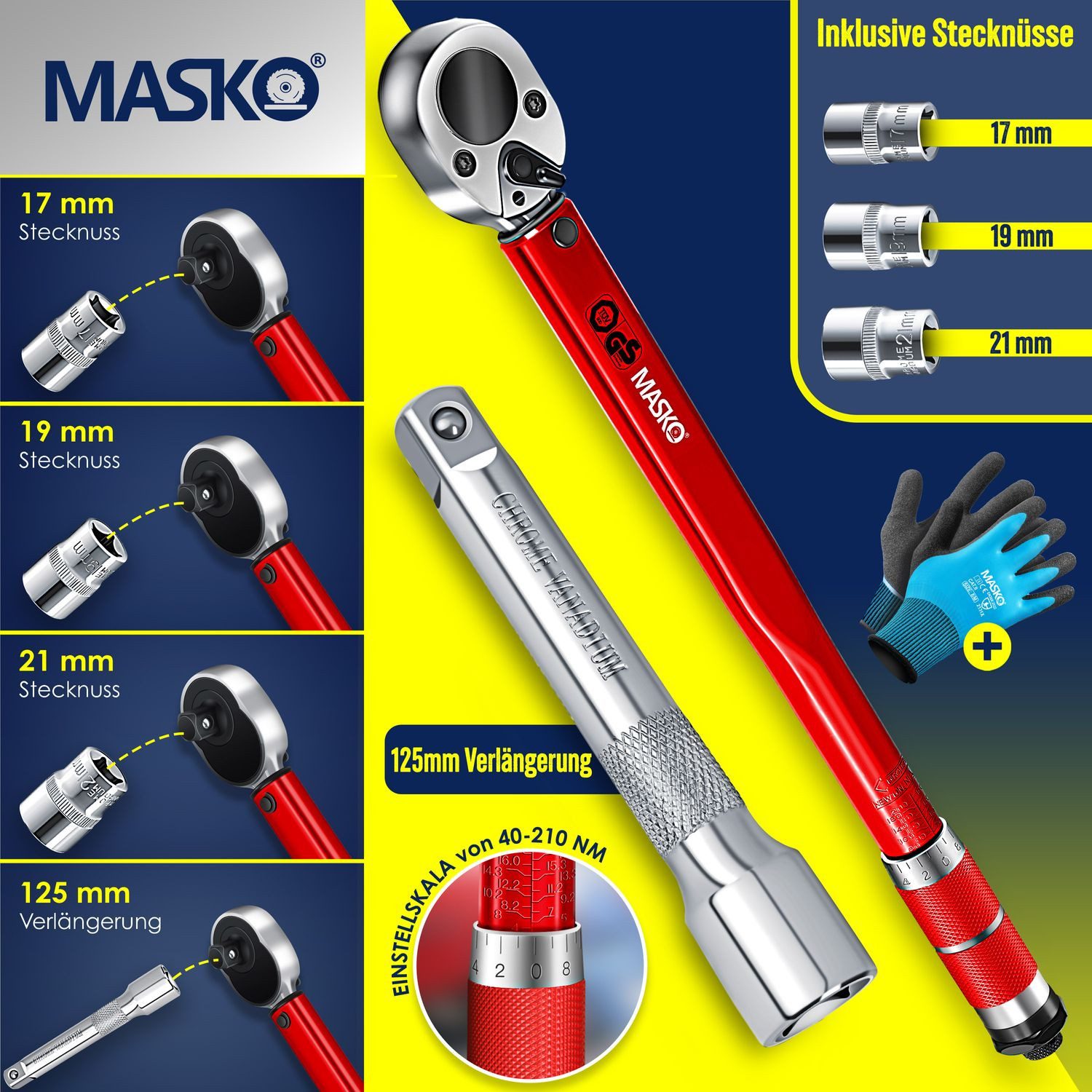 MASKO Drehmomentschlüssel Set 6tlg. Set 40-210Nm 1/2' CV, inkl. 3 Stecknüsse, 17mm, 19mm, 21mm & Verlängerung 125mm, inkl. Handschuhe und Koffer