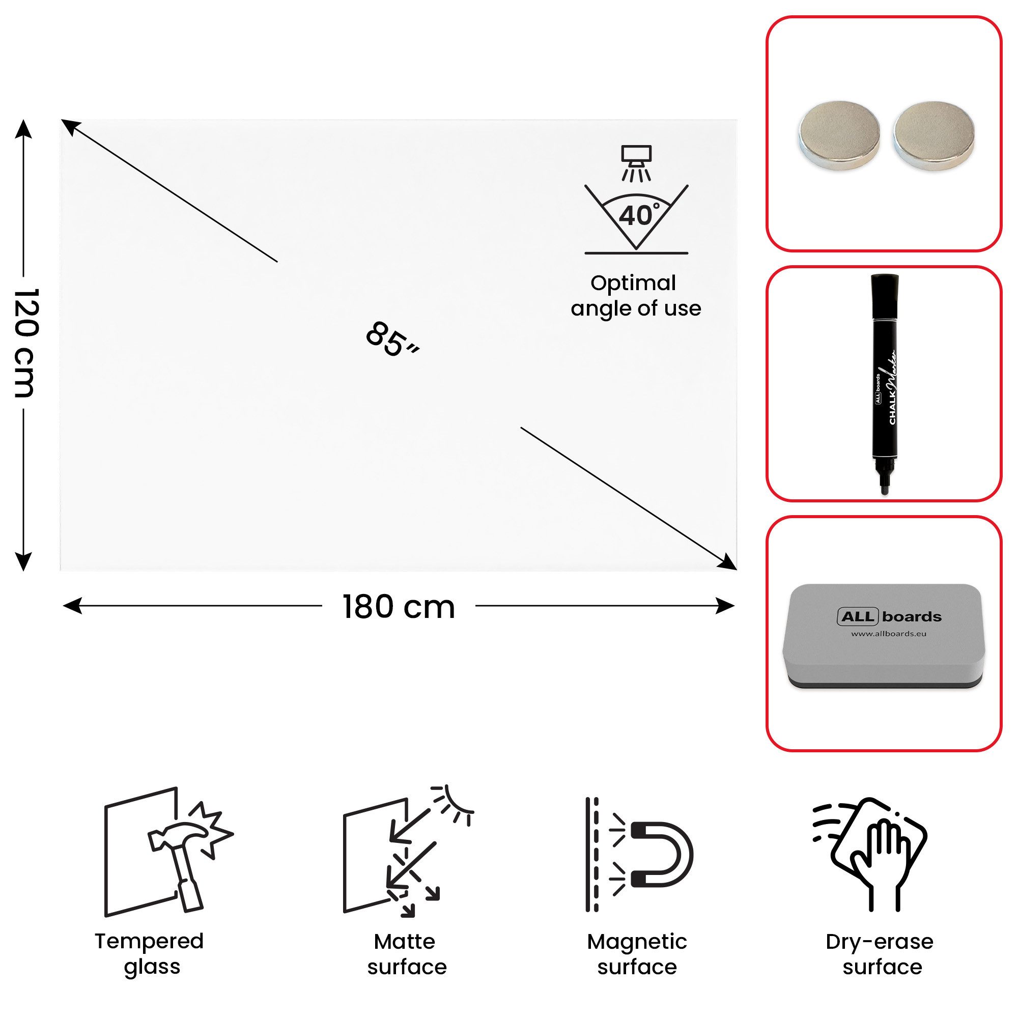 ALLboards Magnettafel ALLboards Glasprojektionswand, matt, magnetisch + Zubehör