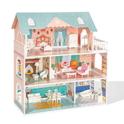 Sweiko Puppenhaus, (Mädchen Häuser Spielhaus Spielraum Spielzeug für Kinder), Puppenhaus aus Holz mit Möbeln und Zubehör