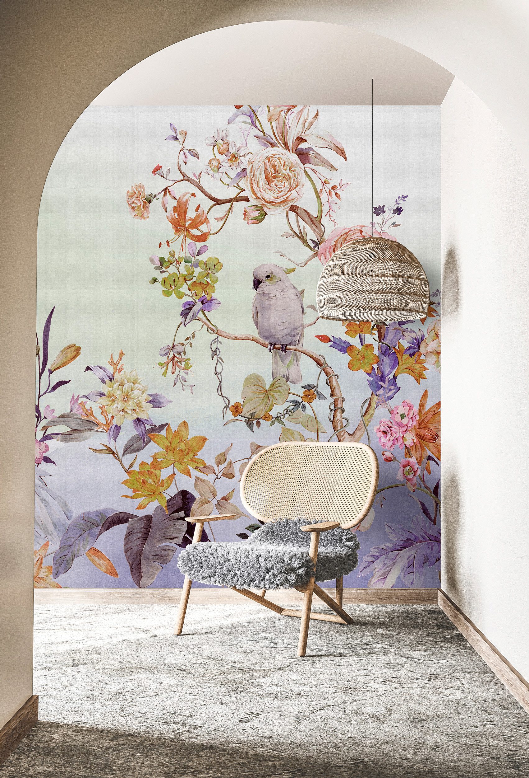 living walls Vliestapete Florale Vogel-Tapete Pastell Rosa Lila Romantisch, glatt, matt, (1 St)