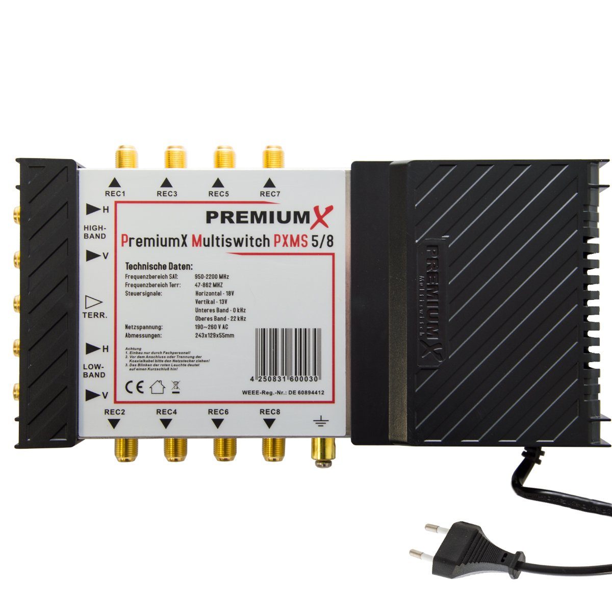 PremiumX SAT-Multischalter Multischalter PXMS-5/8 mit Netzteil Deluxe Quattro LNB 0,1dB 4K 8K