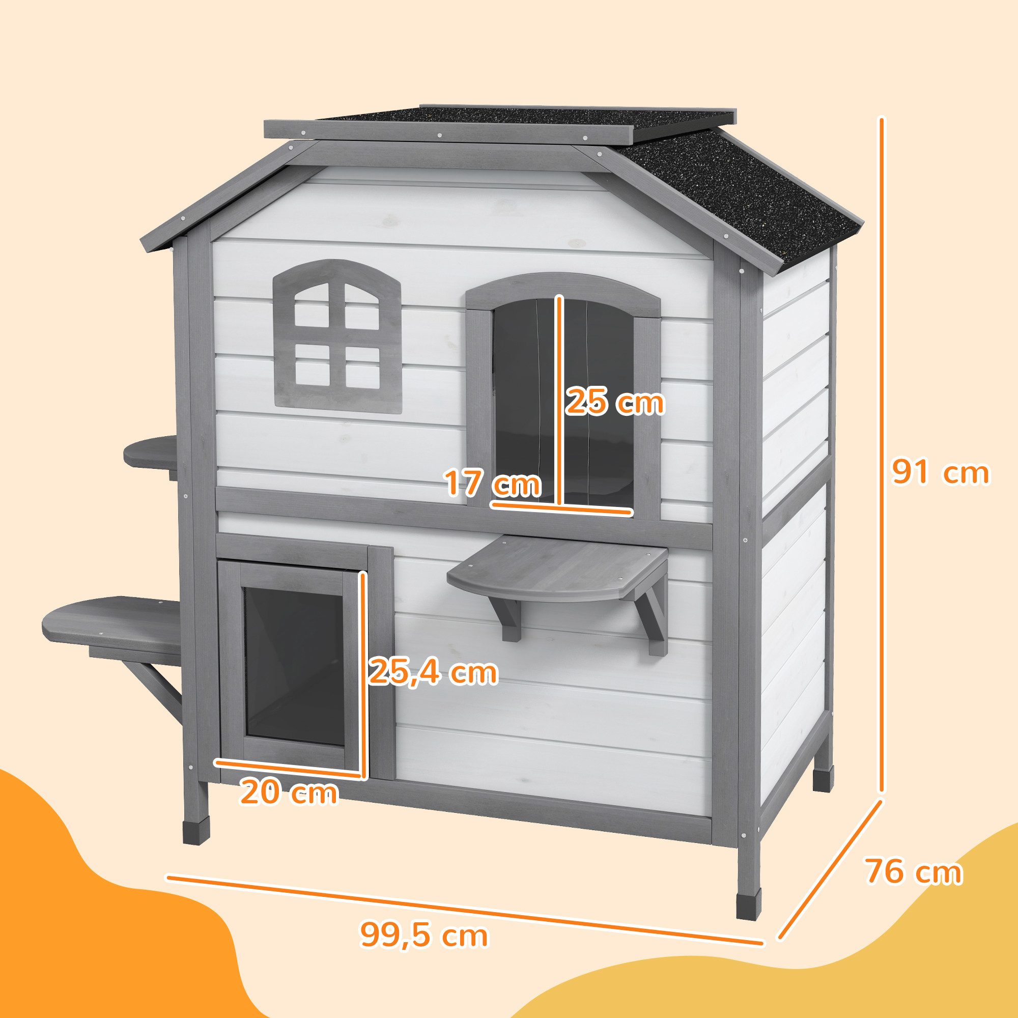 PawHut Tierhöhle Katzenhaus aus Holz, Outdoor Katzenhütte mit Treppe, 2-Etagen, für Katzen bis 4,5 kg, Weiß, 78 x 55,5 x 91 cm