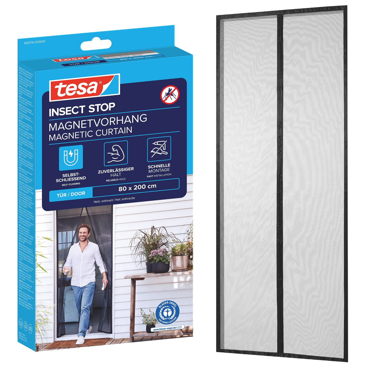 tesa Insektenschutz-Vorhang, (Komplett-Set, 1-St., INSECT STOP zur einfachen Montage ohne Bohren - 2,0 m x 0,8 m), mit Magneten für Balkon- und Terrassentüren