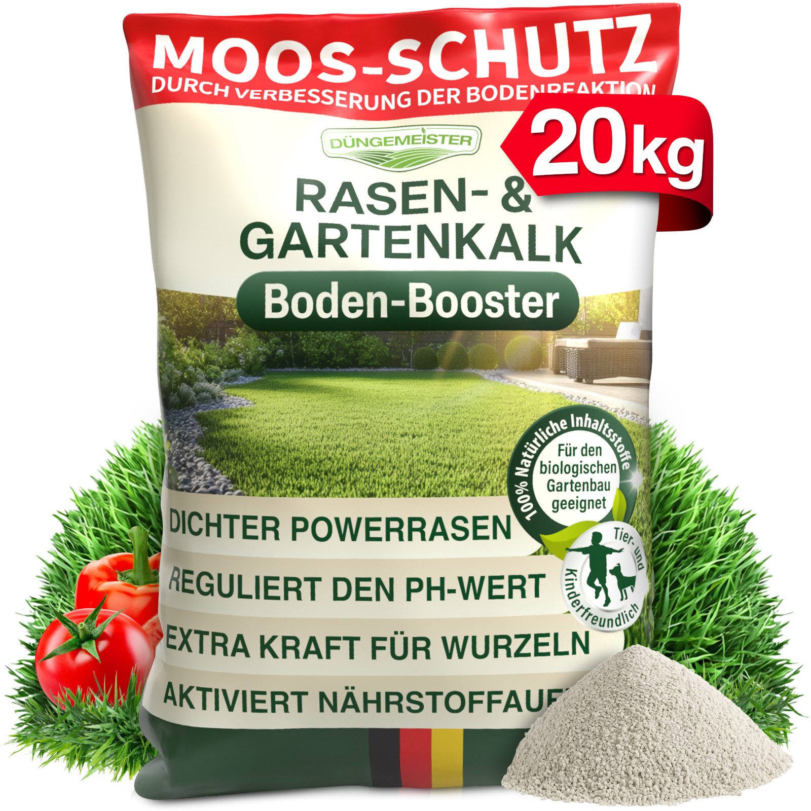 DÜNGEMEISTER Rasenkalk hochwertiger Rasen- & Gartenkalk 10/20/30kg, zur pH-Optimierung und Bodenverbesserung