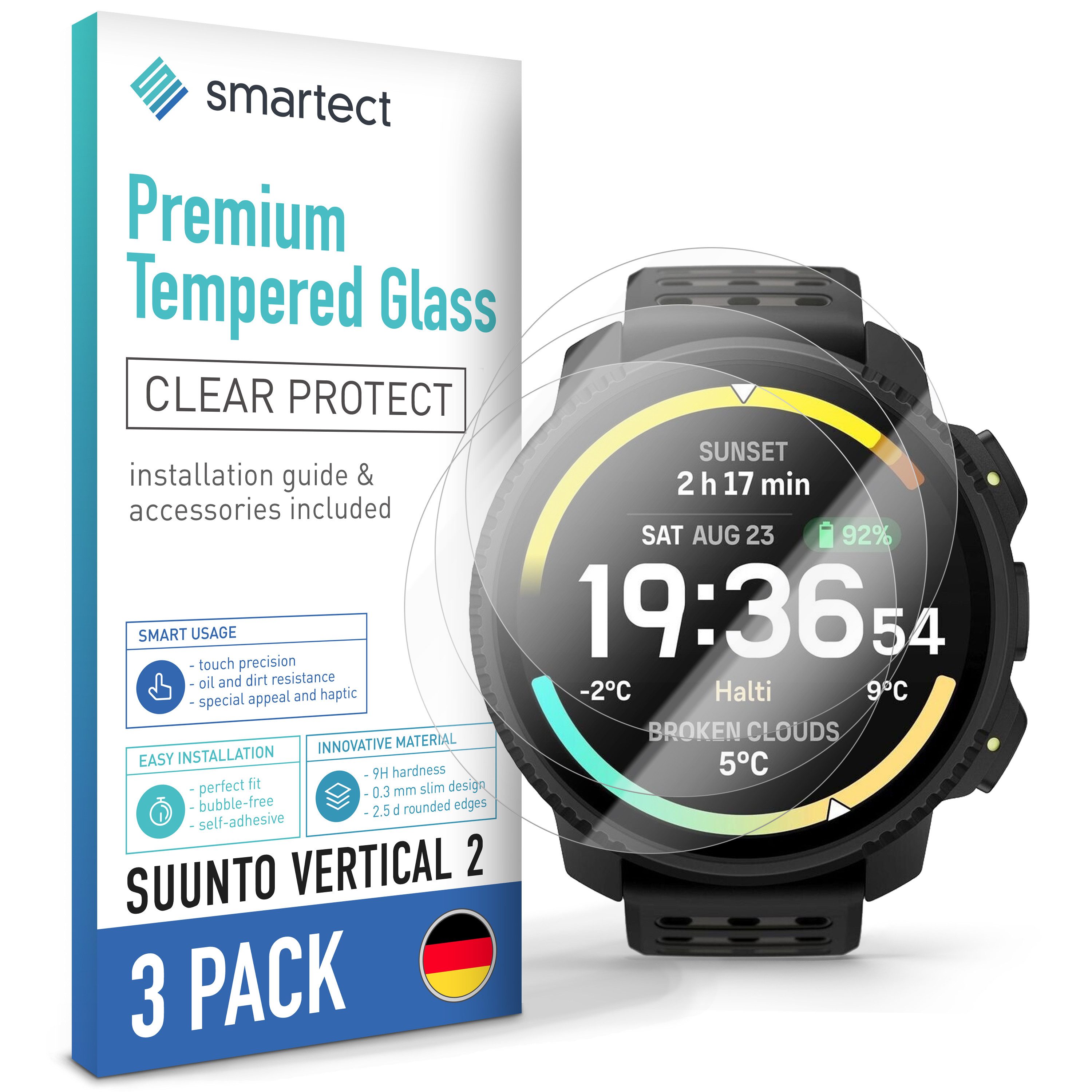 smartect Displayschutzglas Schutzglas Panzerfolie Klar für Suunto Vertical 2, Set, 3 Stück, Schutzfolie Glasschutz Bildschirm