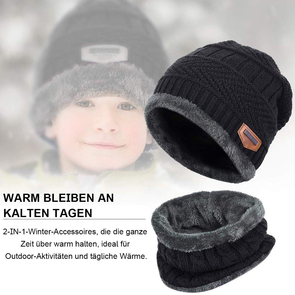 Welikera Mütze & Schal Schal, 2-in-1-Set Kinder-Winter-Unisex-Set, Mütze aus und Schwarz