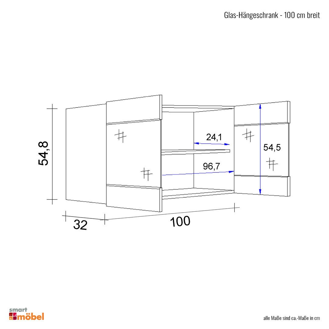 Flex-Well Glashängeschrank Glashängeschrank Küche - 100 cm breit - Hochglanz Weiß Sonoma Eiche