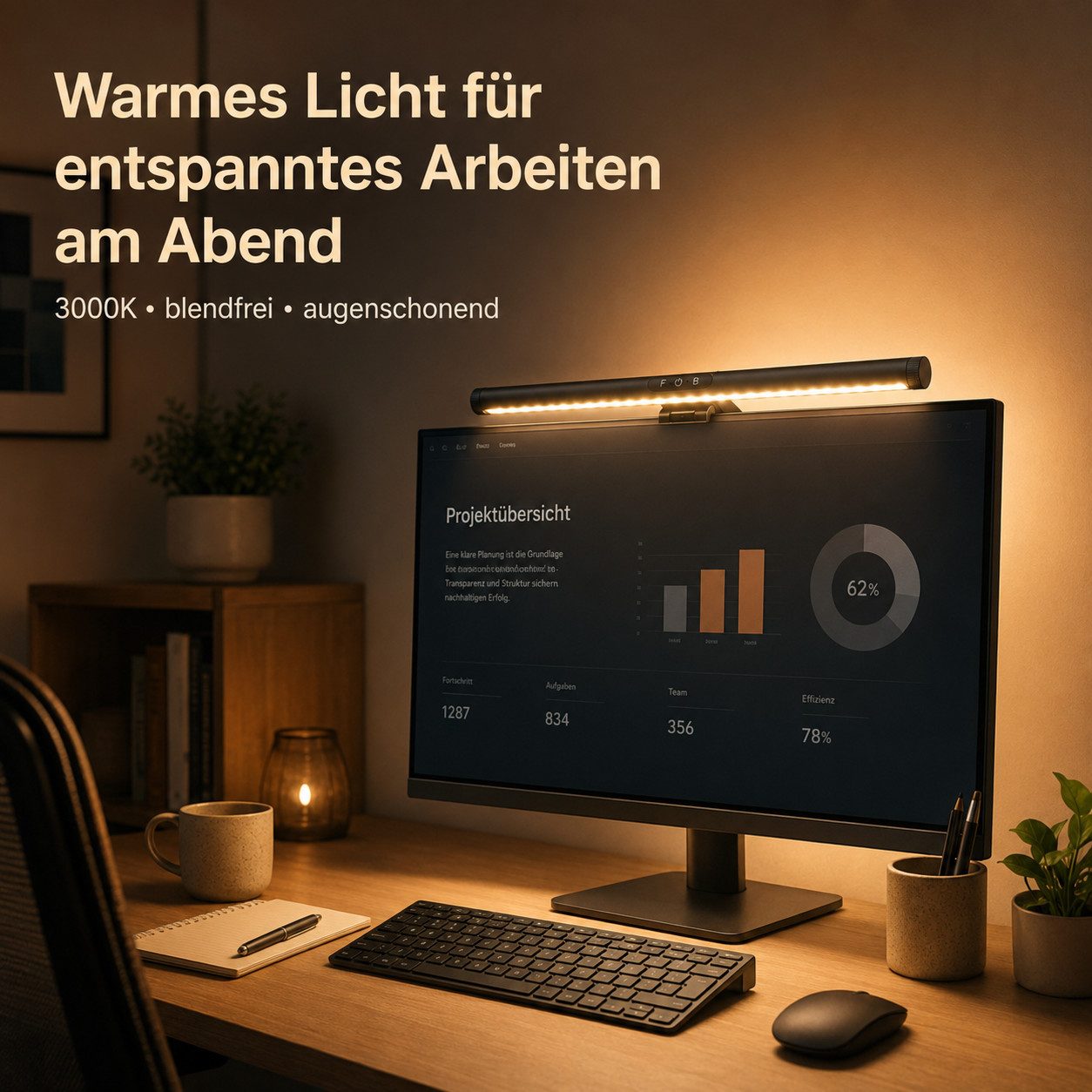 Cozy Vent LED Schreibtischlampe LED Monitorleuchte dimmbar Dual Light 3000–6000K USB-C, LED fest integriert