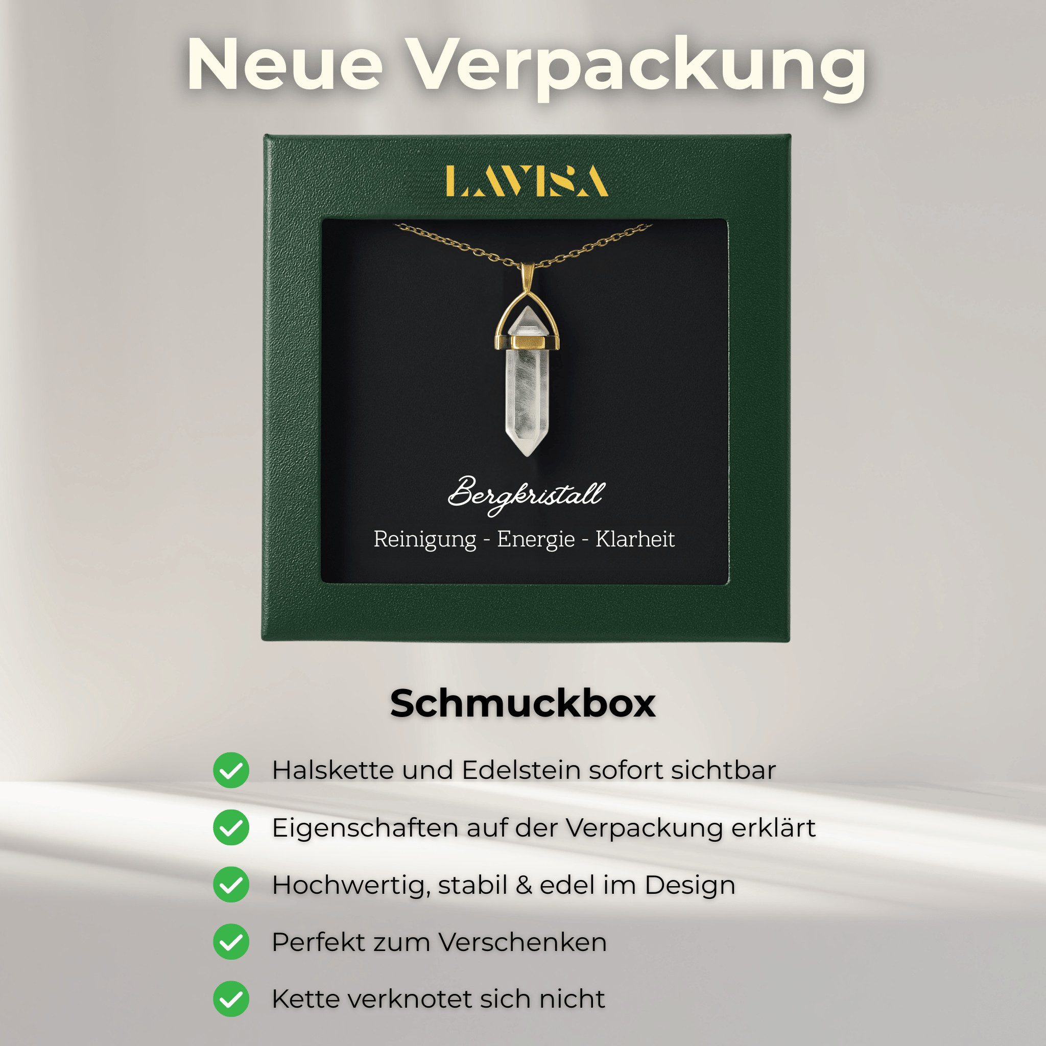 LAVISA Kette mit Anhänger Edelstein Halskette Obelisk gold Naturstein Kristall – Bild 5 von 5