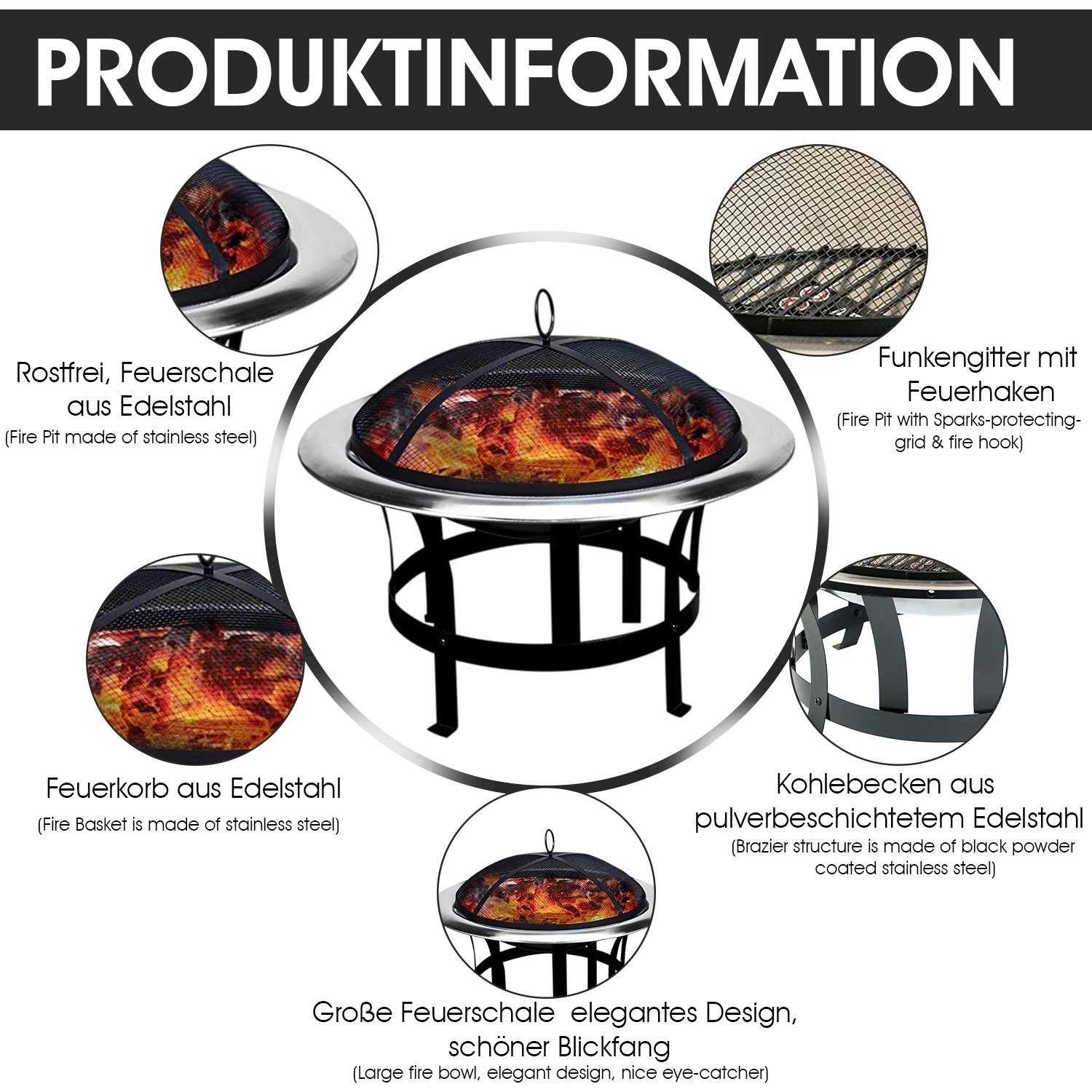 BBQ, Feuerhaken Edelstahl Ø (Set), Feuerstelle Grill 75cm Feuerschale 75cm Defactoshop Ø Funkenfluggitter