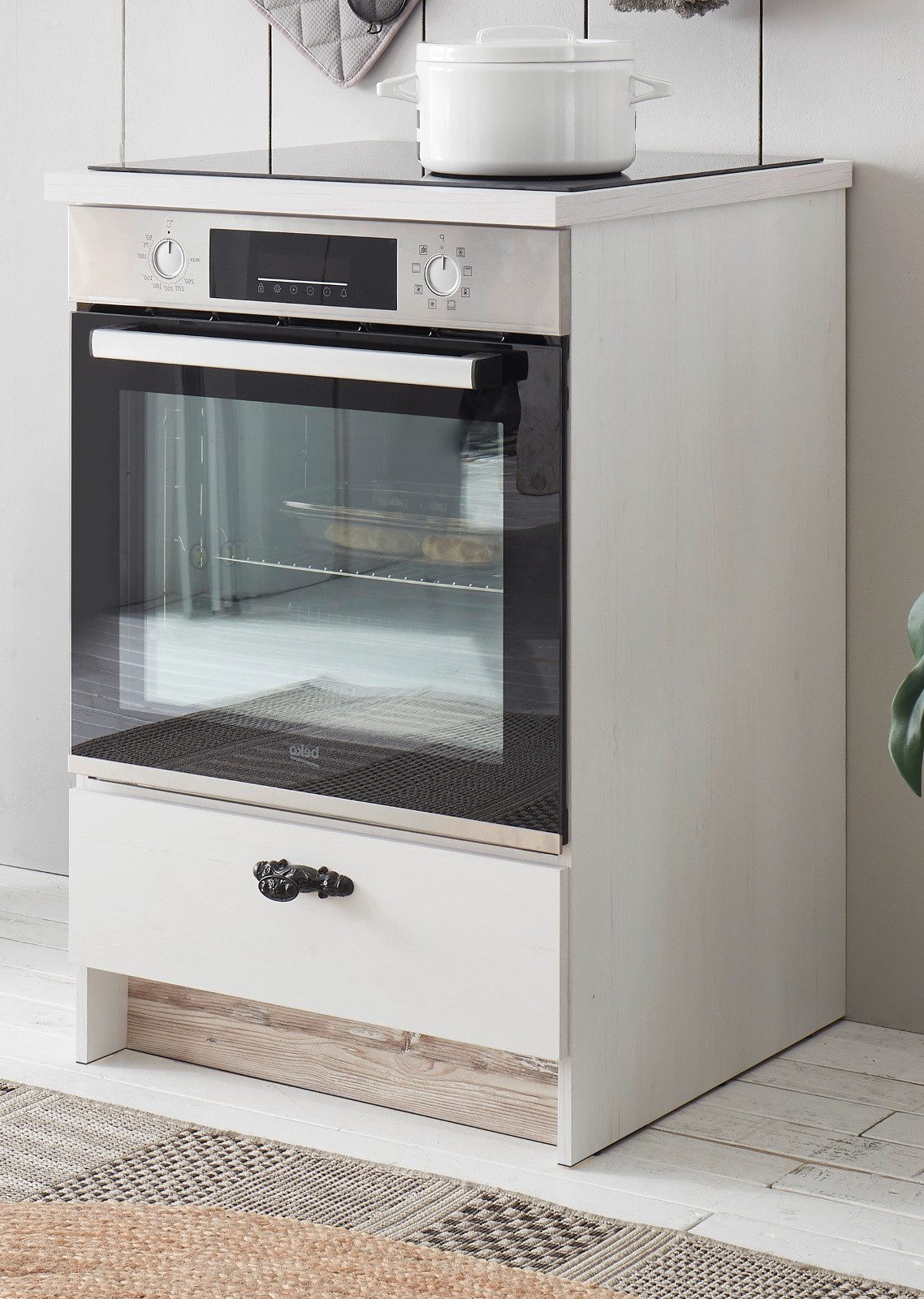 Furn.Design Herdumbauschrank Rovola (Küchenschrank in Pinie weiß Landhaus, für Gerätebreite 60 cm) mit Soft-Close