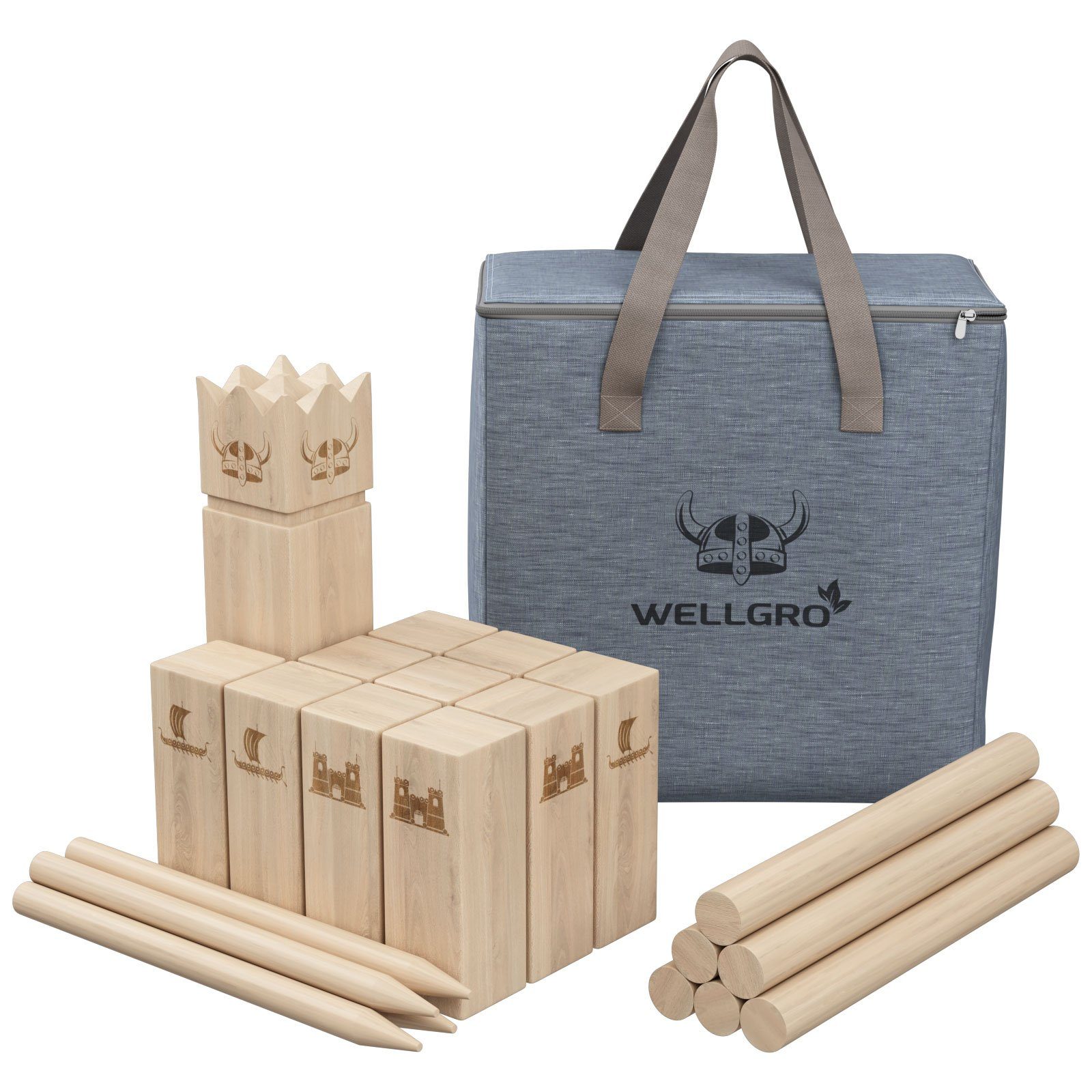 Wellgro Kubb Spiel Laser Gravur inkl. Spielanleitung Spielbausteine