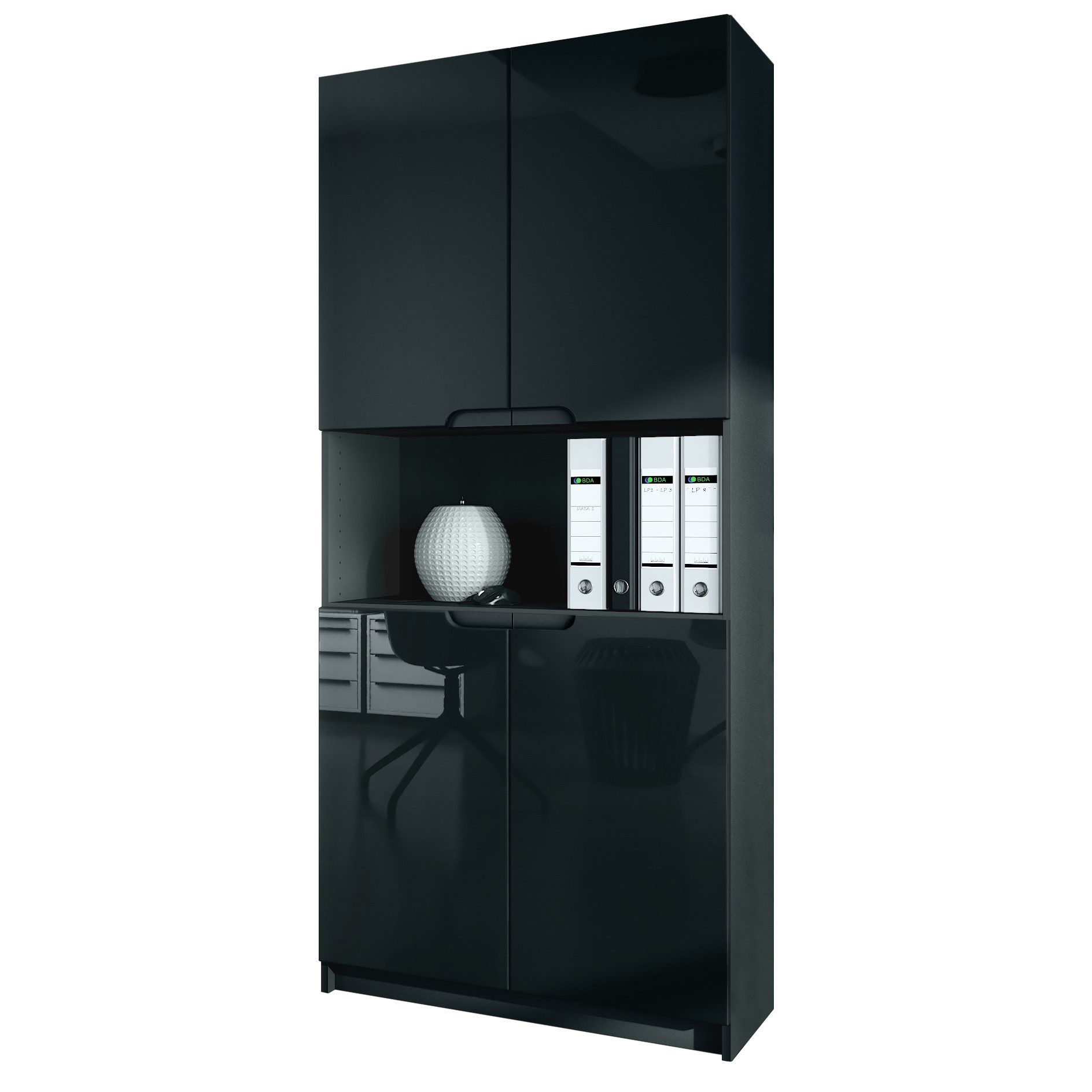 Vladon Aktenschrank Logan (Aktenschrank, mit 5 Fächern und 4 Türen) Schwarz matt/Schwarz Hochglanz (82 x 184 x 37 cm)