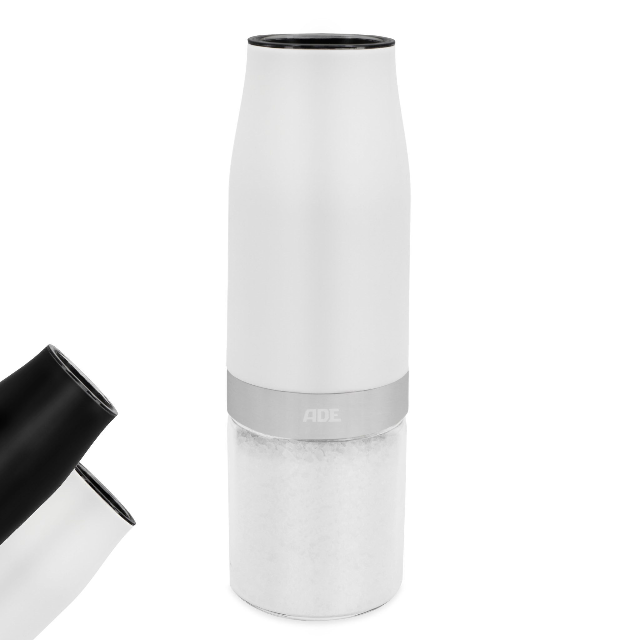 ADE Salz-/Pfeffermühle elektrisch, mit automatischem Kippsensor und Beleuchtung Batterie, mit stufenlos einstellbarem Keramikmahlwerk, Glasbehälter