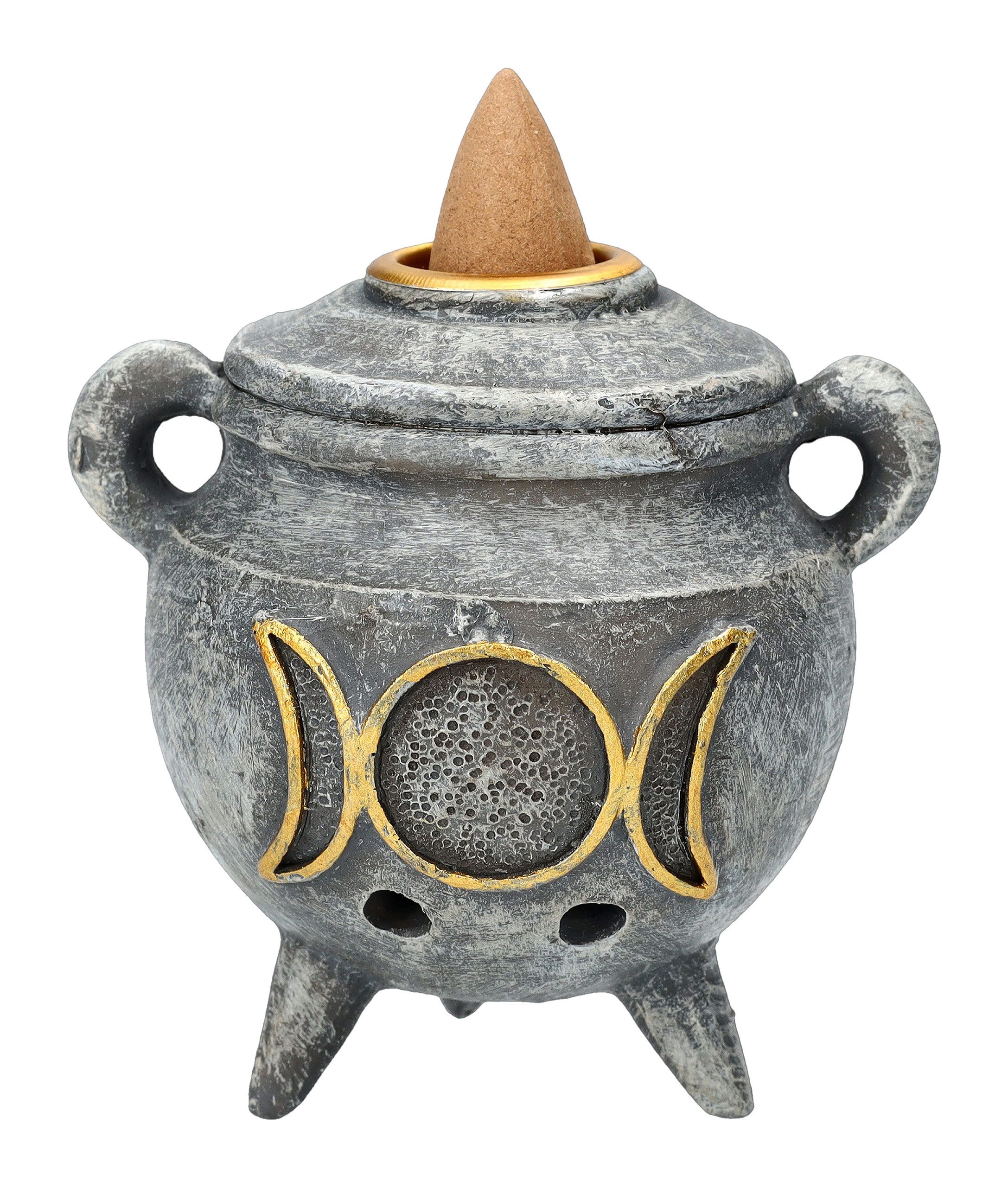Figuren Shop GmbH Räuchermännchen Backflow Räucherhalter - Hexenkessel Dreifach-Mond - mystisch