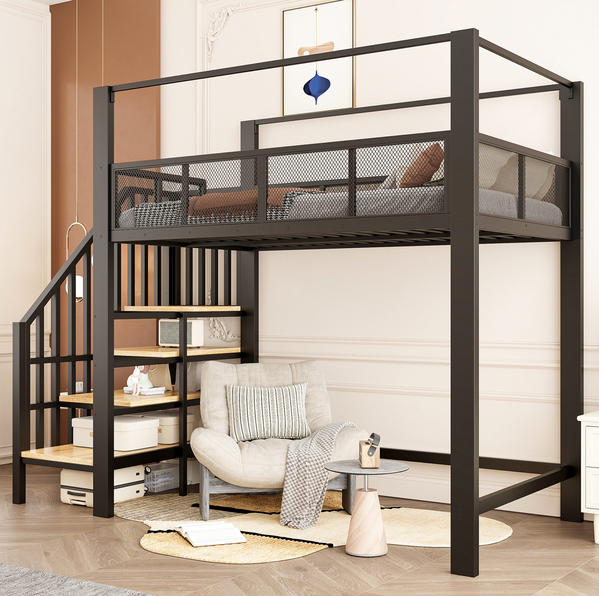OKWISH Hochbett Jugendbett mit integriertem Arbeitsbereich, Eisenbett (Baldachin-Aufbau und platzsparenden Stufen mit Stauraum, Metallbett Kinderbett) ohne Matratze