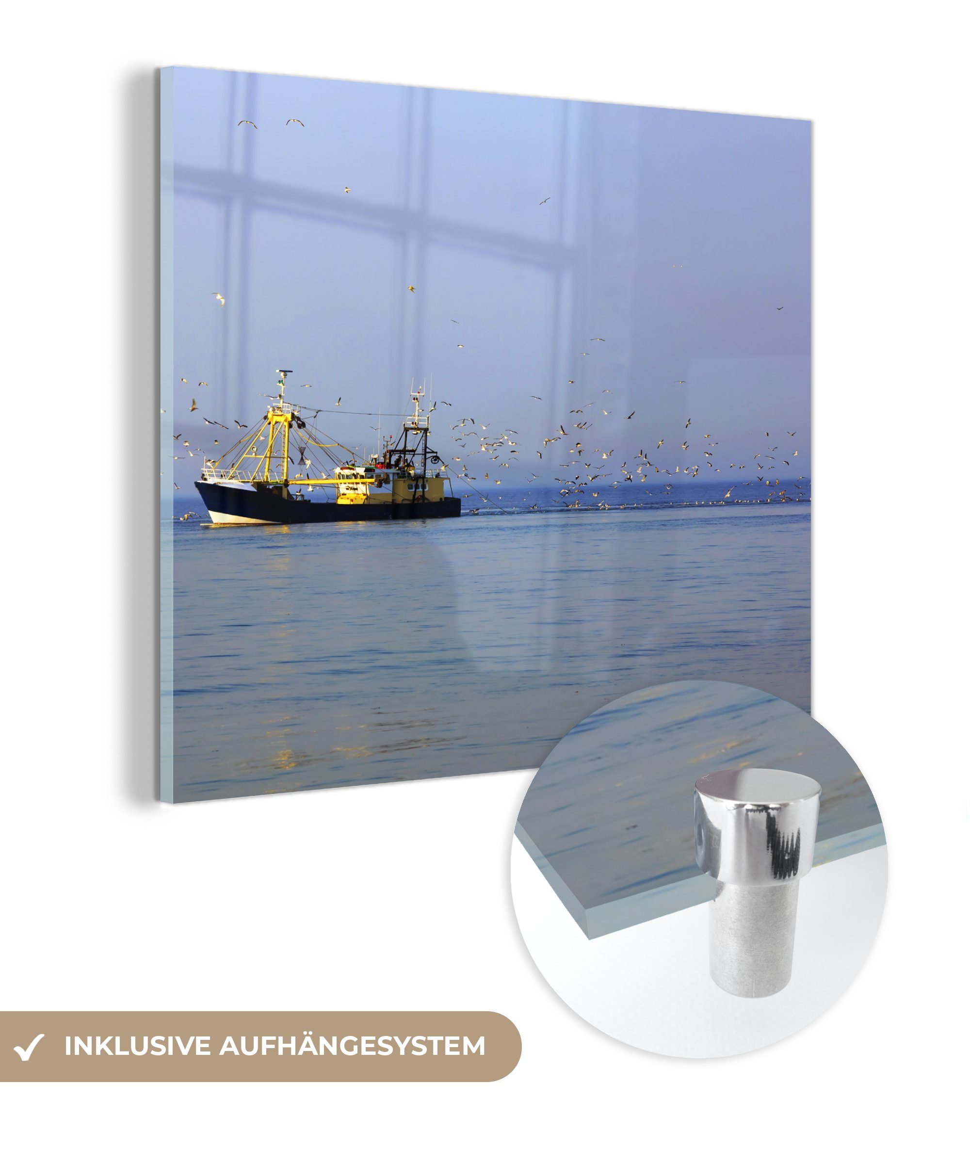 MuchoWow Acrylglasbild Nordsee - Fischerboot - Vogel, (1 St), Glasbilder - Bilder auf Glas Wandbild - Foto auf Glas - Wanddekoration