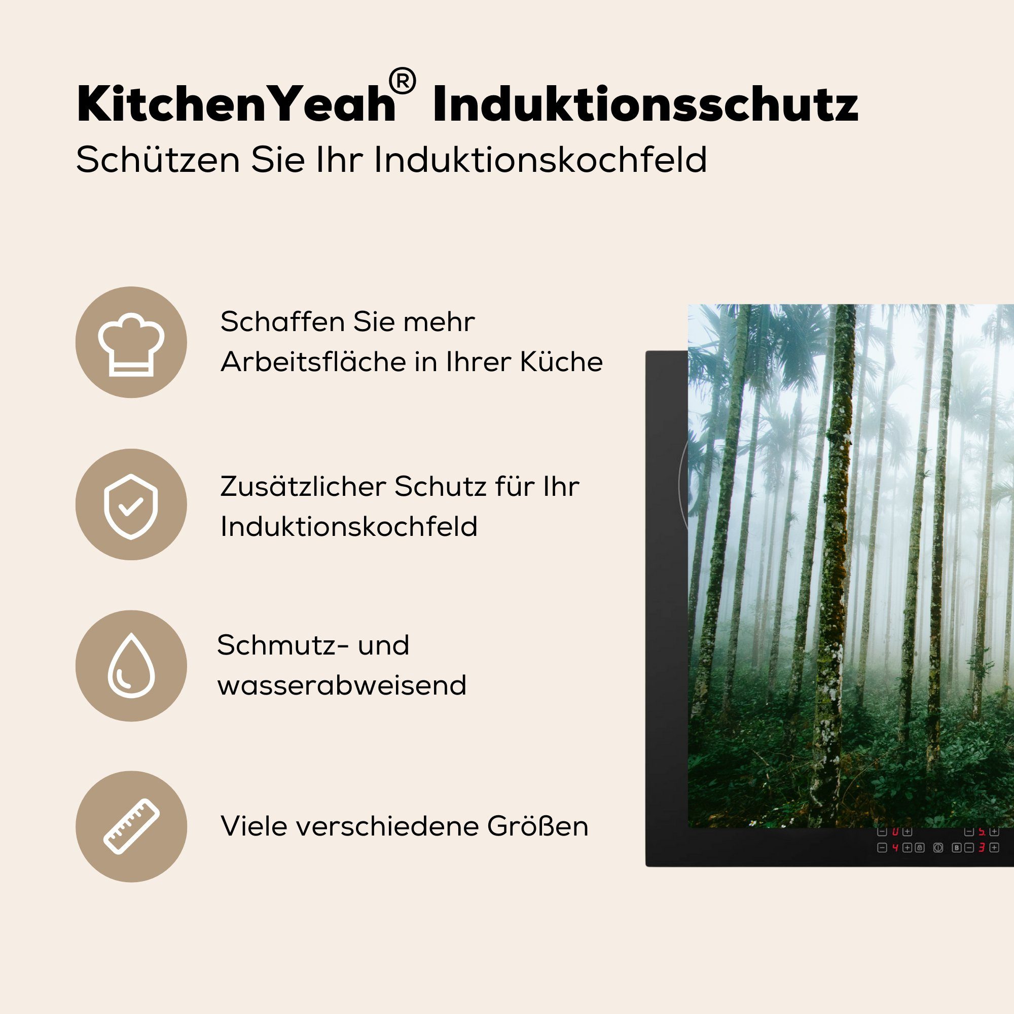 Induktionskochfeld MuchoWow Nebel, tlg), Herdblende-/Abdeckplatte Vinyl, 81x52 für Palmen Wald die (1 küche, Schutz Ceranfeldabdeckung mit cm, und Ein