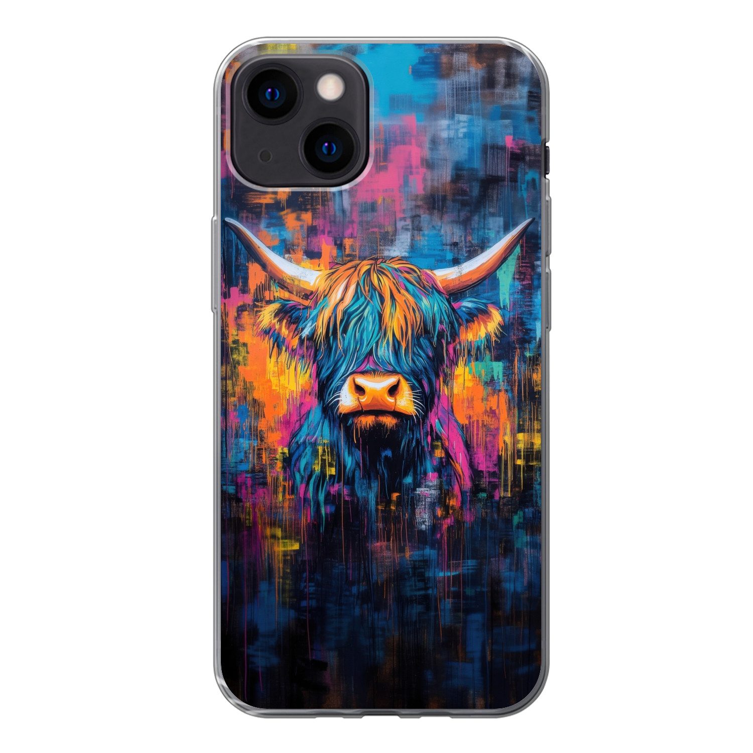 MuchoWow Handyhülle für Apple iPhone 13 Schottischer Highlander - Abstrakt - Farbenfroh, Smartphone-Bumper, Print, Handy Schutzhülle Dünn