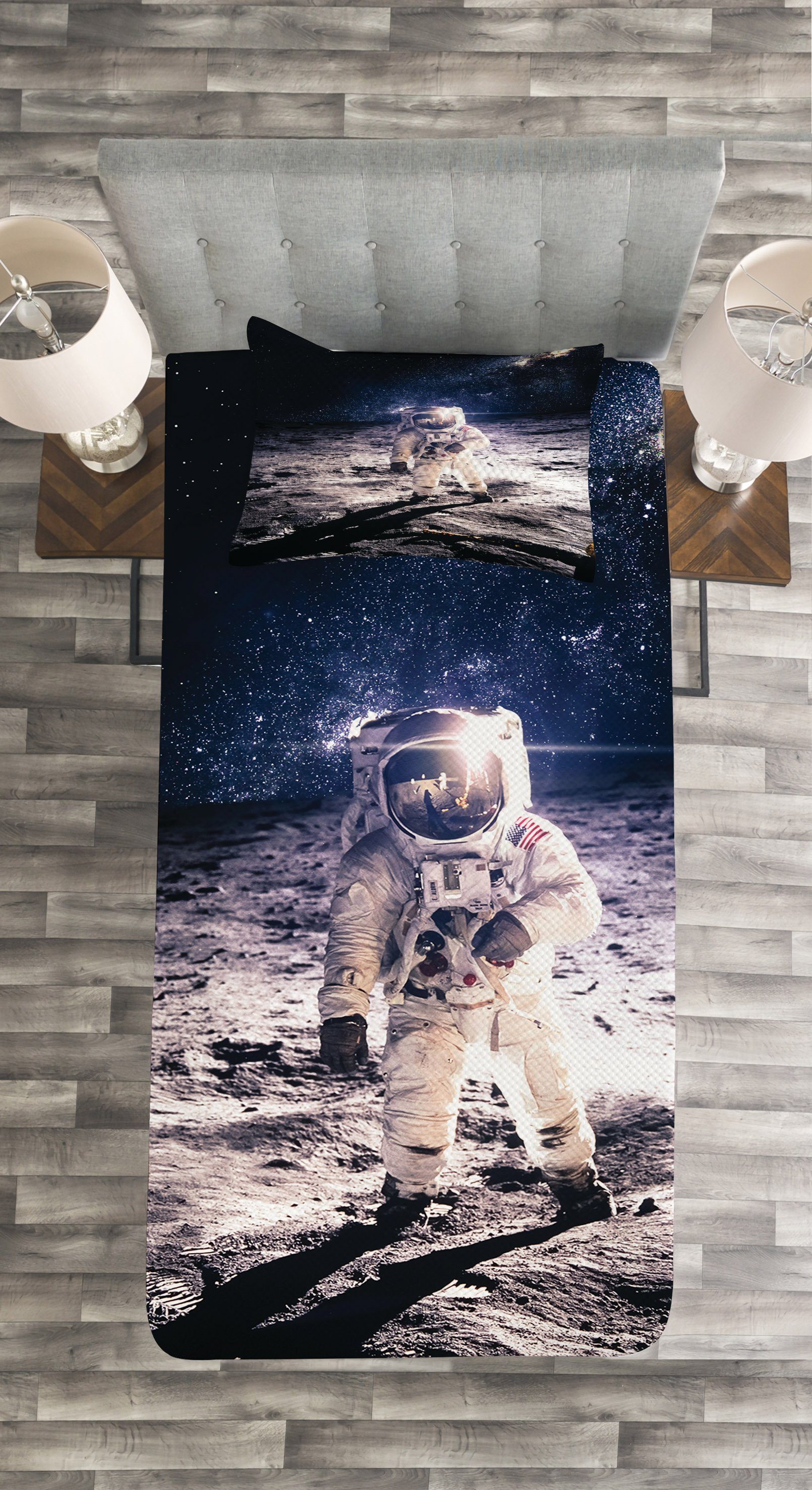 Mond Kissenbezügen Astronaut auf mit Set Abakuhaus, Platz Tagesdecke dem Waschbar,