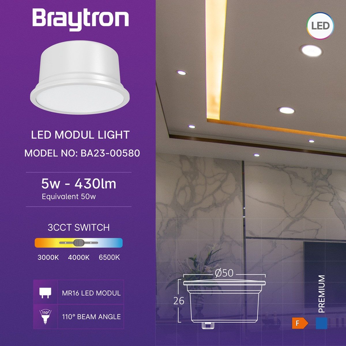 Braytron LED-Leuchtmittel LED Modul 5W 230V MR16 – Flacher, integrierter Spot Strahler, MR16, 3CCT Warm-Kaltweiß, Energieeffizient, Flimmerfrei, Langlebig, 10er Set