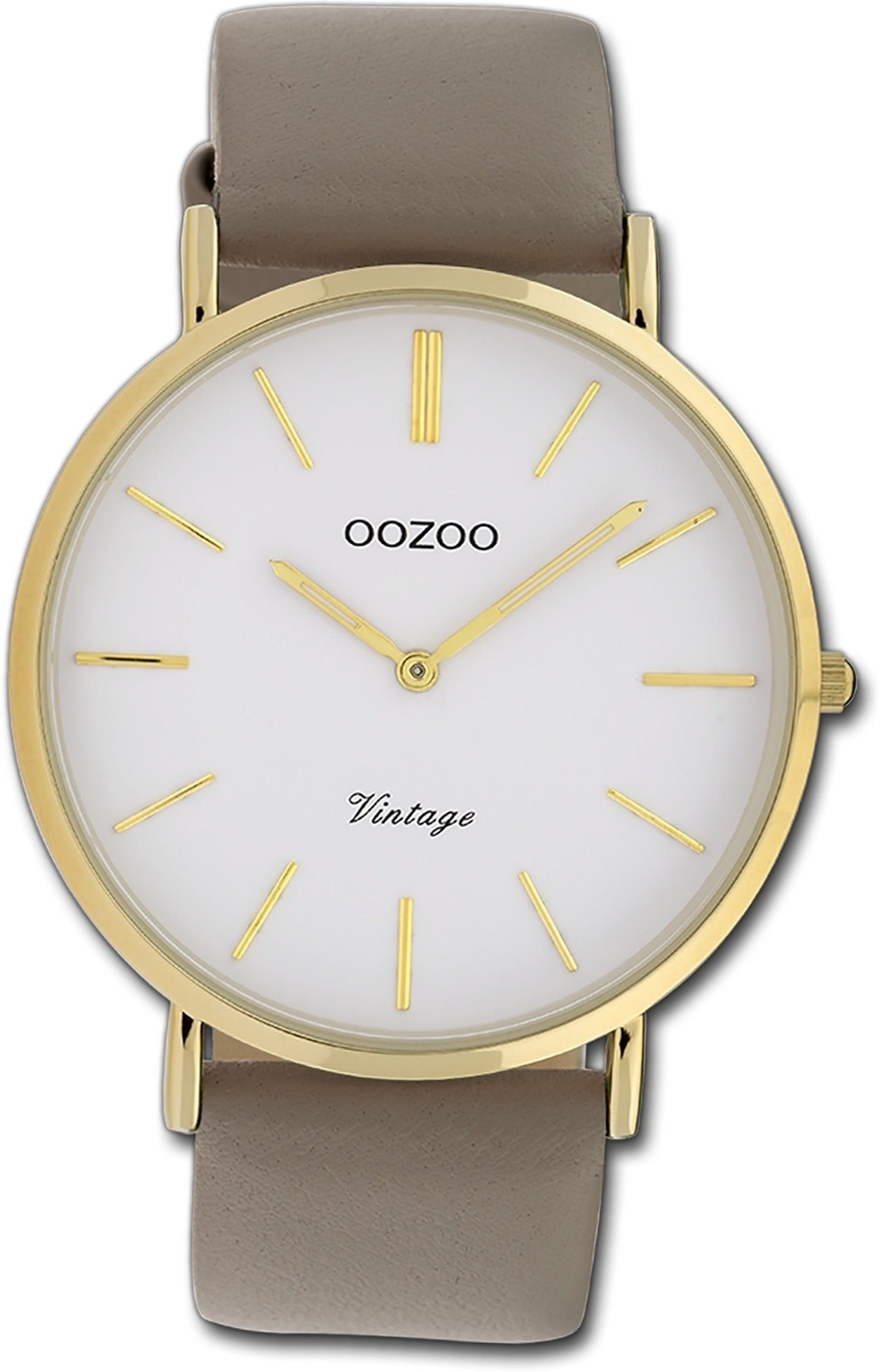 OOZOO Quarzuhr Oozoo Damen Armbanduhr Ultra Slim Leder, Damenuhr Lederarmband grau, rundes Gehäuse, groß (ca. 40mm)