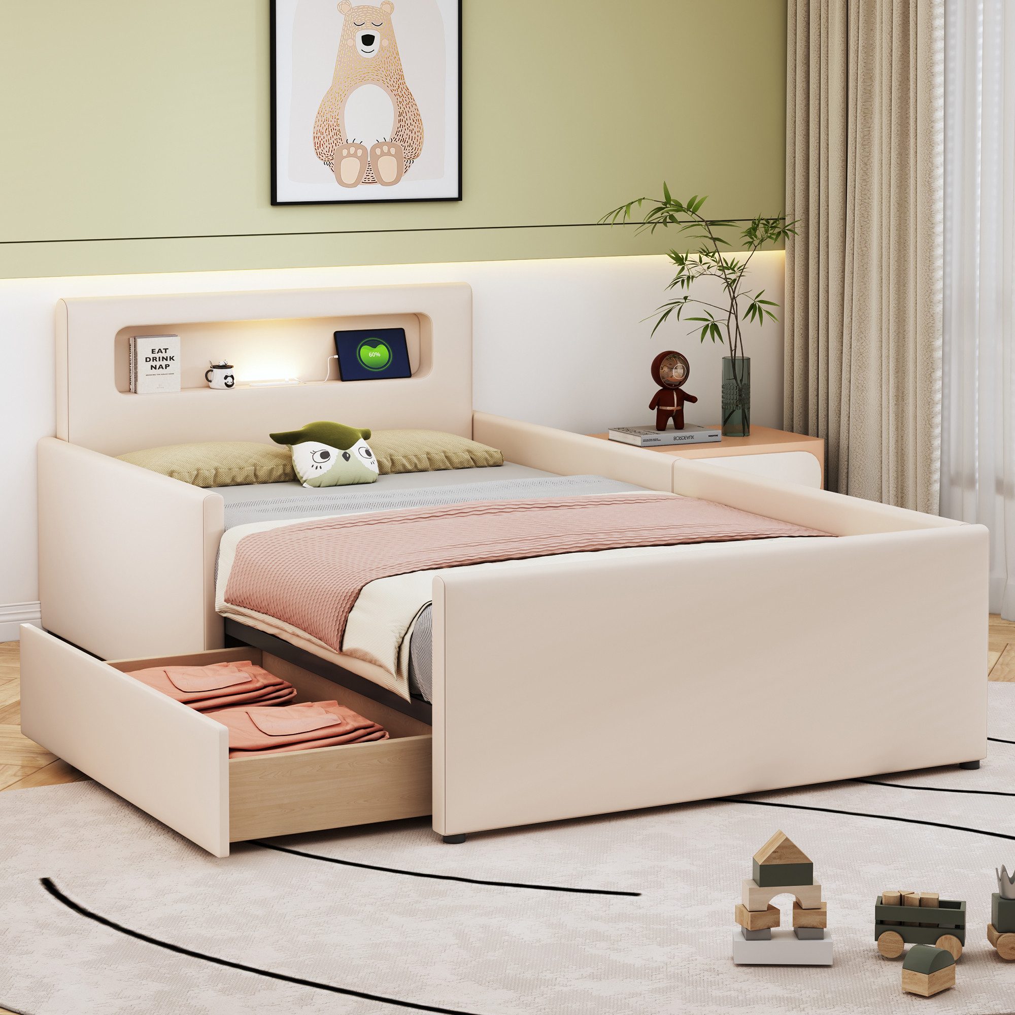 OKWISH Polsterbett Kinderbett Stauraumbett (Mit Nachtlicht, USB-Ladeanschluss und erhöhten Seitenteilen für Sicherheit, ideal für Jungen und Mädchen im Kinderzimmer mit Stauraum, 90x200cm), ohne Matratze