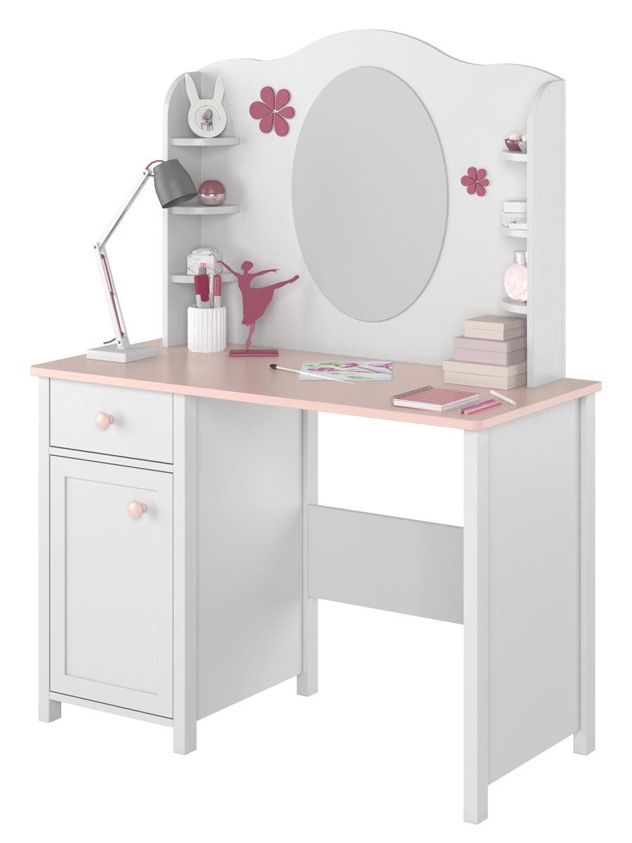 Kinderschreibtisch LARA, Schminktisch mit Schreibtisch für Mädchen, Weiß + Rosa